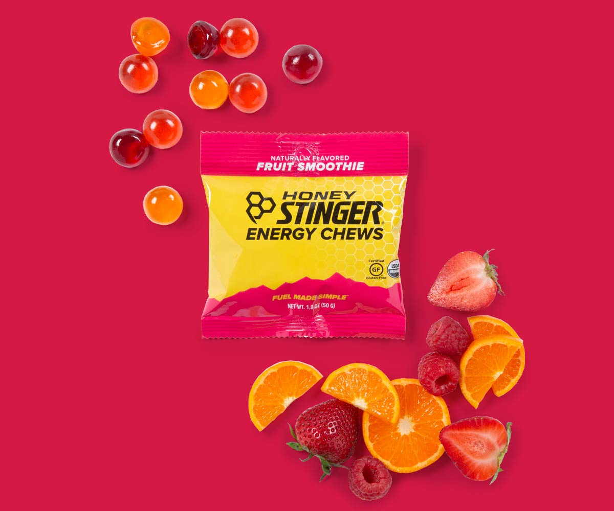 Organic Energy Chews Variety Pack - 8 Count with Sticker - Chewy Gummy Energy Source for Any Activity - Pink Lemonade, Fruit Smoothie, Pomegranate Passionfruit, Cherry Blossom - by Honey Stinger