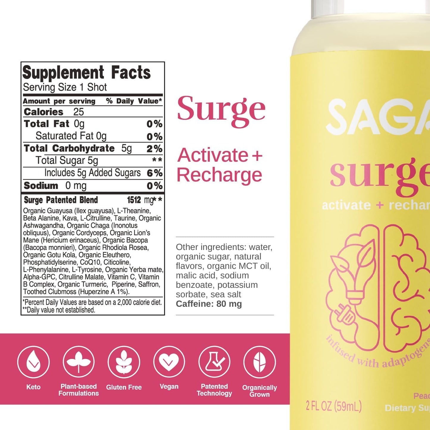 Organic Energy Shots with Nootropics, Mushrooms, CoQ10 & Ashwagandha | High Bioavailability, Fast Onset | Enhances Endurance & Performance | Peach Mango 2oz Shots (6-Pack)