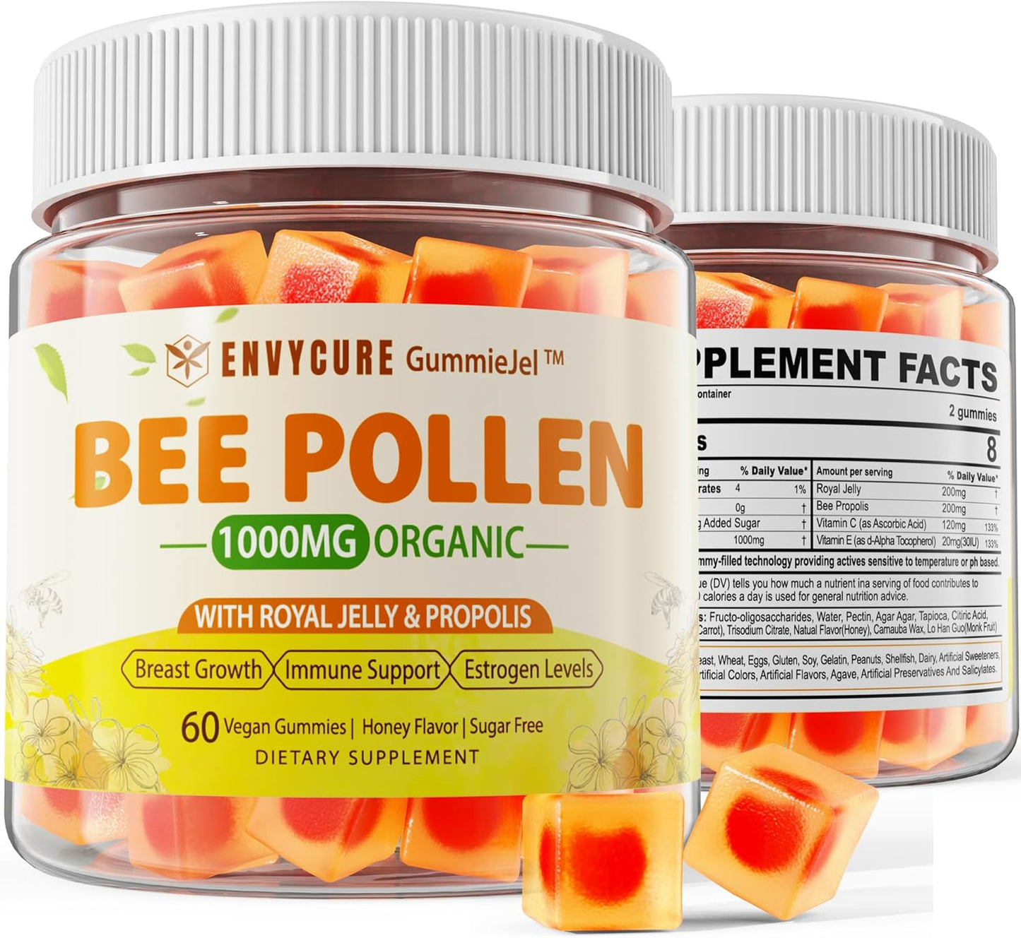 Organic envycure Bee Pollen Gummies with Propolis and Royal Jelly - Vitamin B-Rich, Antioxidant-Packed Supplement (1 Pack)