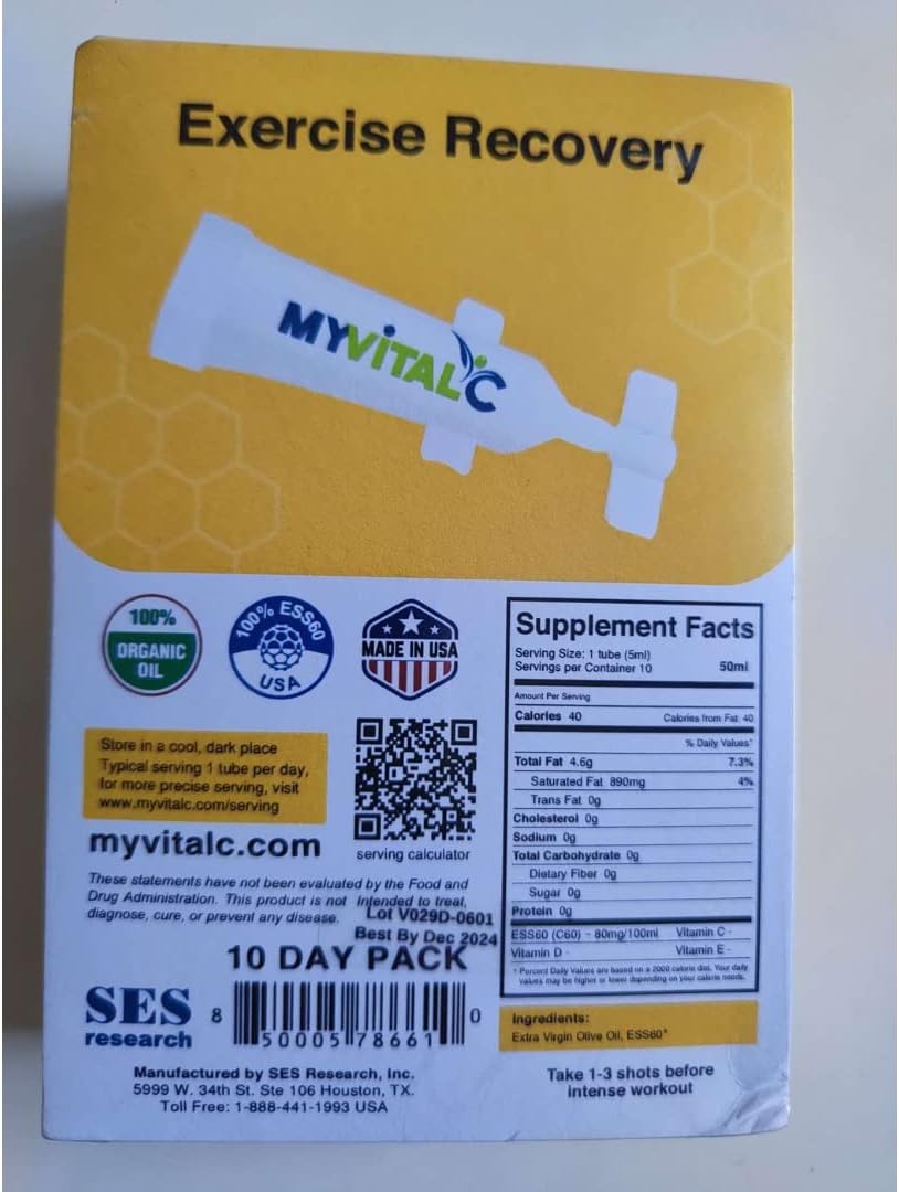 Organic ESS60 Exercise Recovery Supplement - Enhanced with Extra Virgin Olive Oil - 30 Tubes x 5 ML