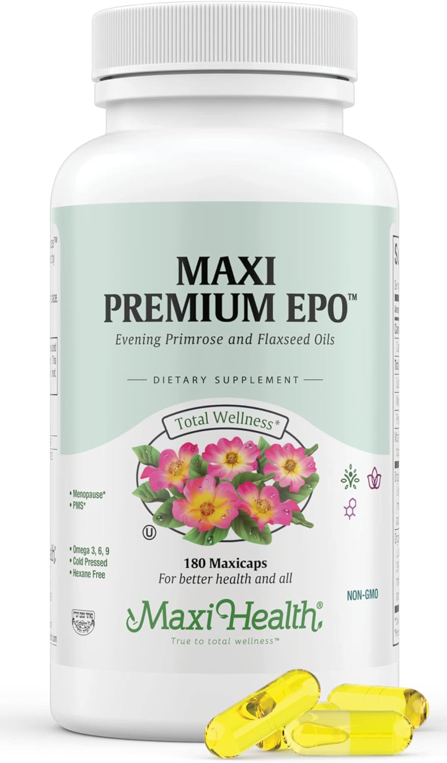 Organic Evening Primrose and Flax Seeds Oil Softgels - Vegan Omega 3 6 9 Supplements for Healthy Skin, Hair, and Joints - Kosher Certified, 180 Count