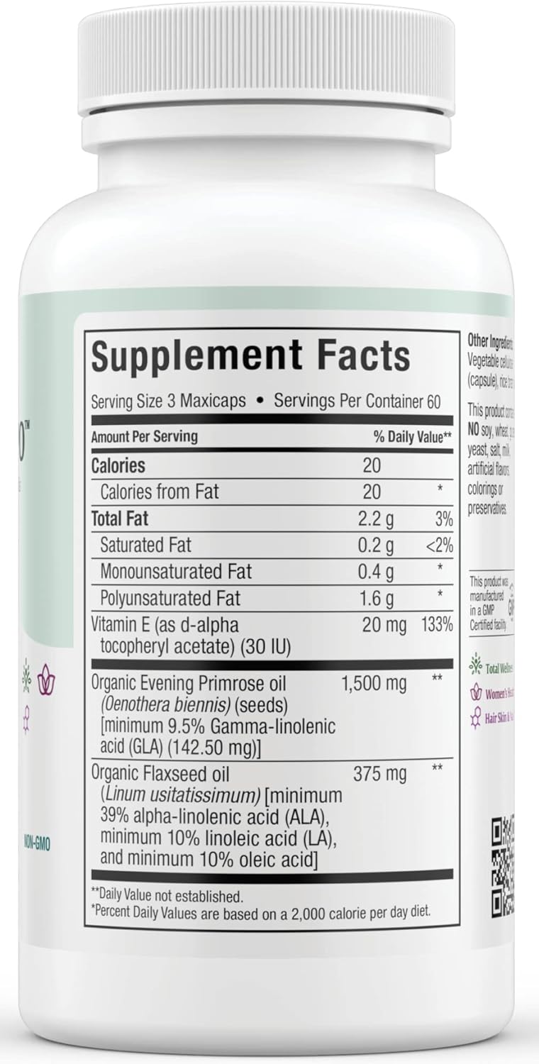 Organic Evening Primrose and Flax Seeds Oil Softgels - Vegan Omega 3 6 9 Supplements for Healthy Skin, Hair, and Joints - Kosher Certified, 180 Count