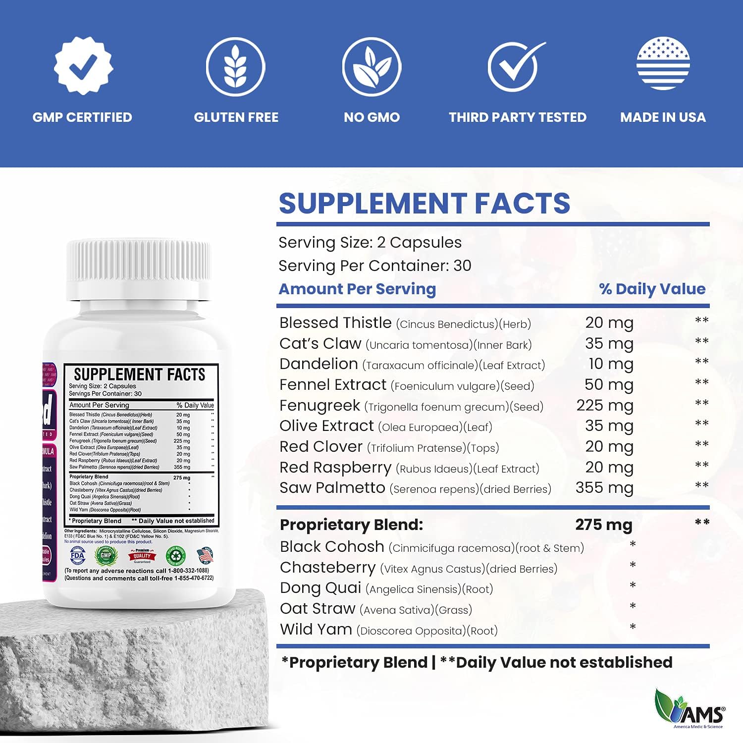 Organic Fertility Supplement for Women - America Medic & Science MetrioMed Capsules with Black Cohosh, Chasteberry, and Red Clover - 60 Pills