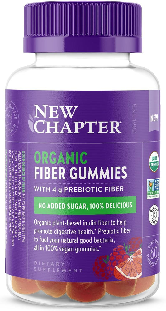 Organic Fiber Gummies for Adults - 8g Plant-Based Prebiotic Fiber - Vegan, Non-GMO, USDA Organic - Digestive Health Support - Citrus-Berry, 60 ct