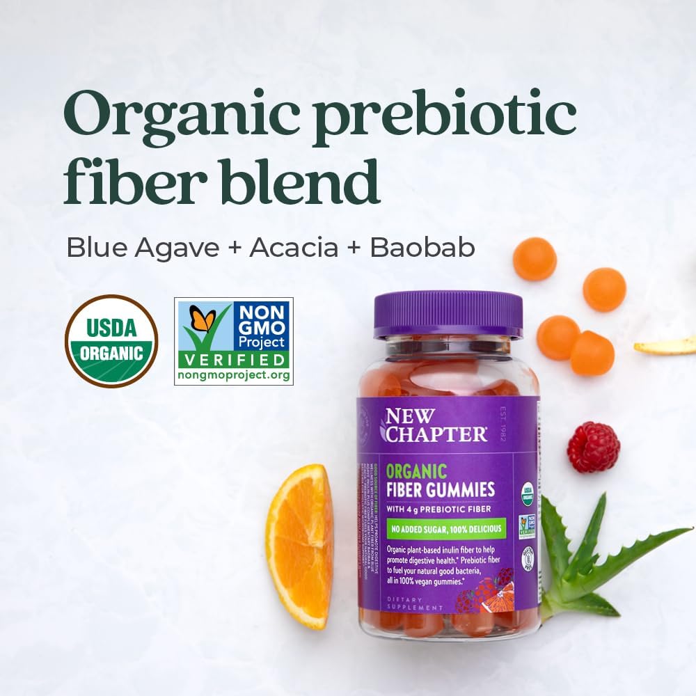 Organic Fiber Gummies for Adults - 8g Plant-Based Prebiotic Fiber - Vegan, Non-GMO, USDA Organic - Digestive Health Support - Citrus-Berry, 60 ct