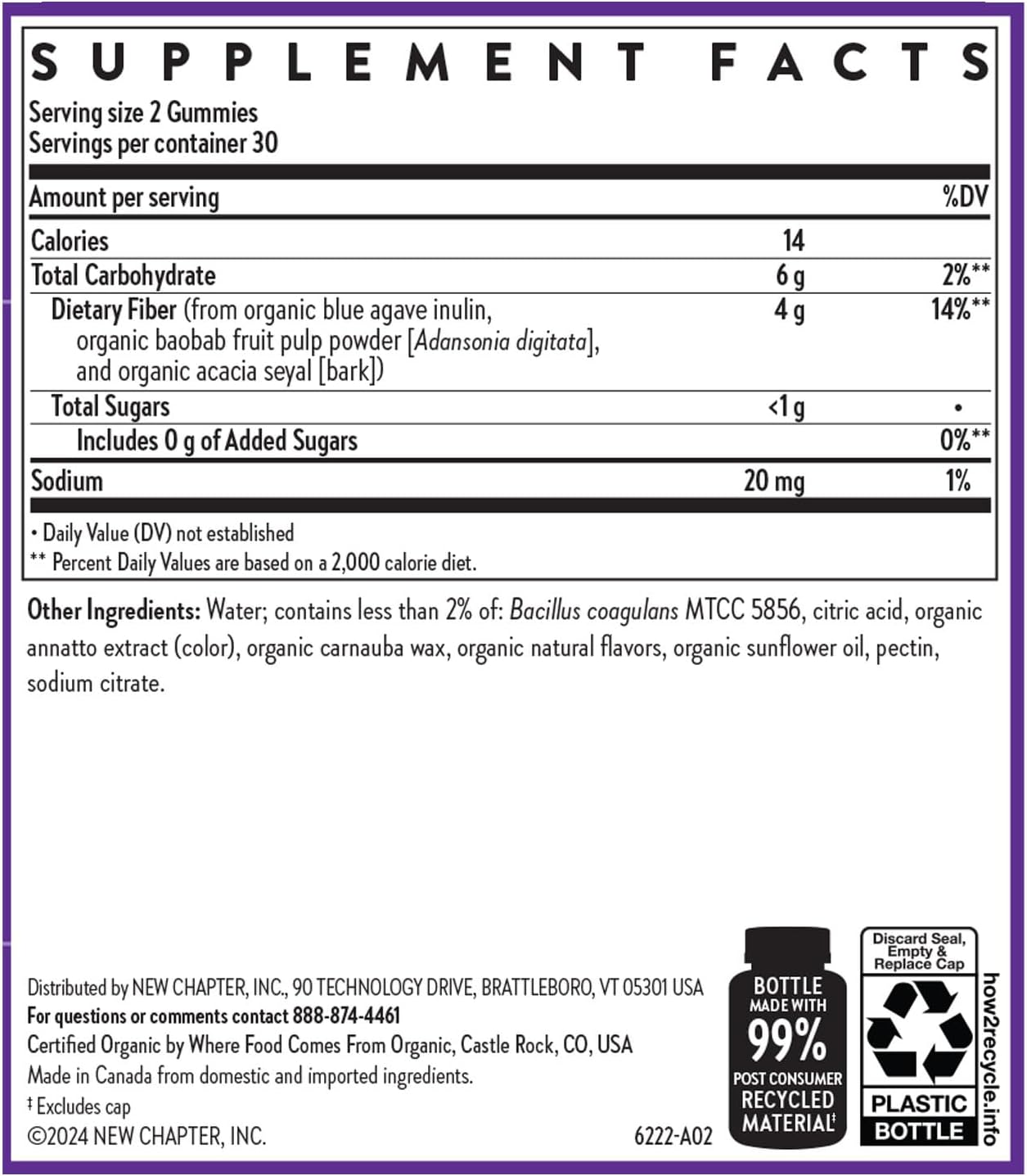Organic Fiber Gummies for Adults - 8g Plant-Based Prebiotic Fiber - Vegan, Non-GMO, USDA Organic - Digestive Health Support - Citrus-Berry, 60 ct