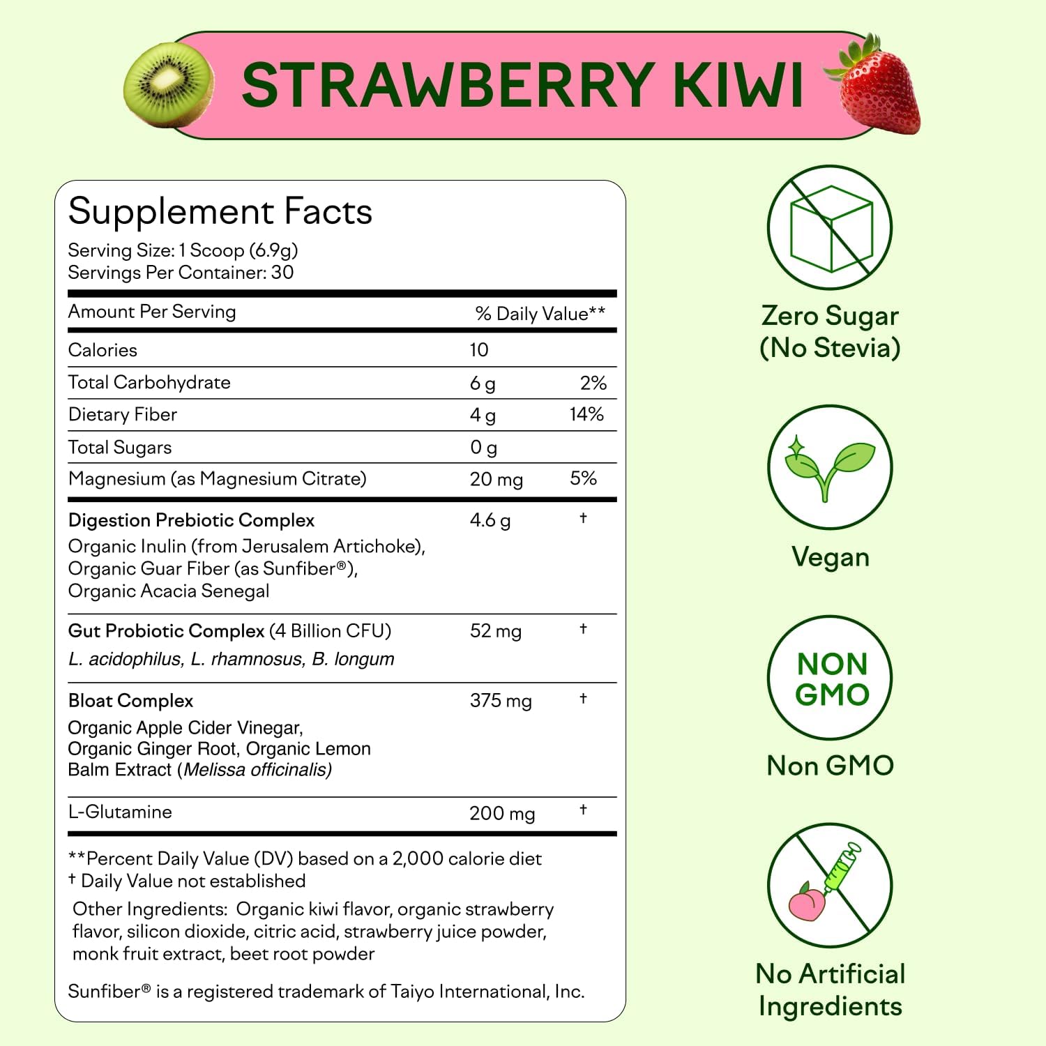 Organic Fiber Prebiotic & Probiotic Powder for Gut Health - Digestive Support for Men & Women, Non GMO, Vegan, Sugar Free - Strawberry Kiwi, 30 Servings