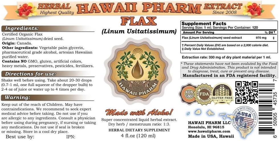 Organic Flax Liquid Extract Tincture Supplement - 4 oz Bottle