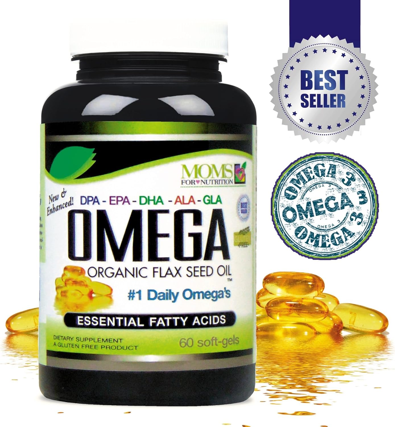 Organic Flax Seed Oil & Fish Oil Blend with Omega 3-6-9 - 2,800mg Strength - Gluten Free - Made in USA - 60 SoftGels
