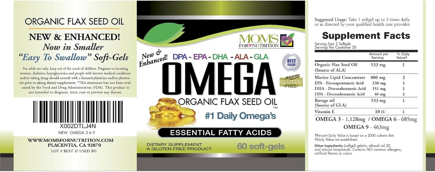 Organic Flax Seed Oil & Fish Oil Blend with Omega 3-6-9 - 2,800mg Strength - Gluten Free - Made in USA - 60 SoftGels
