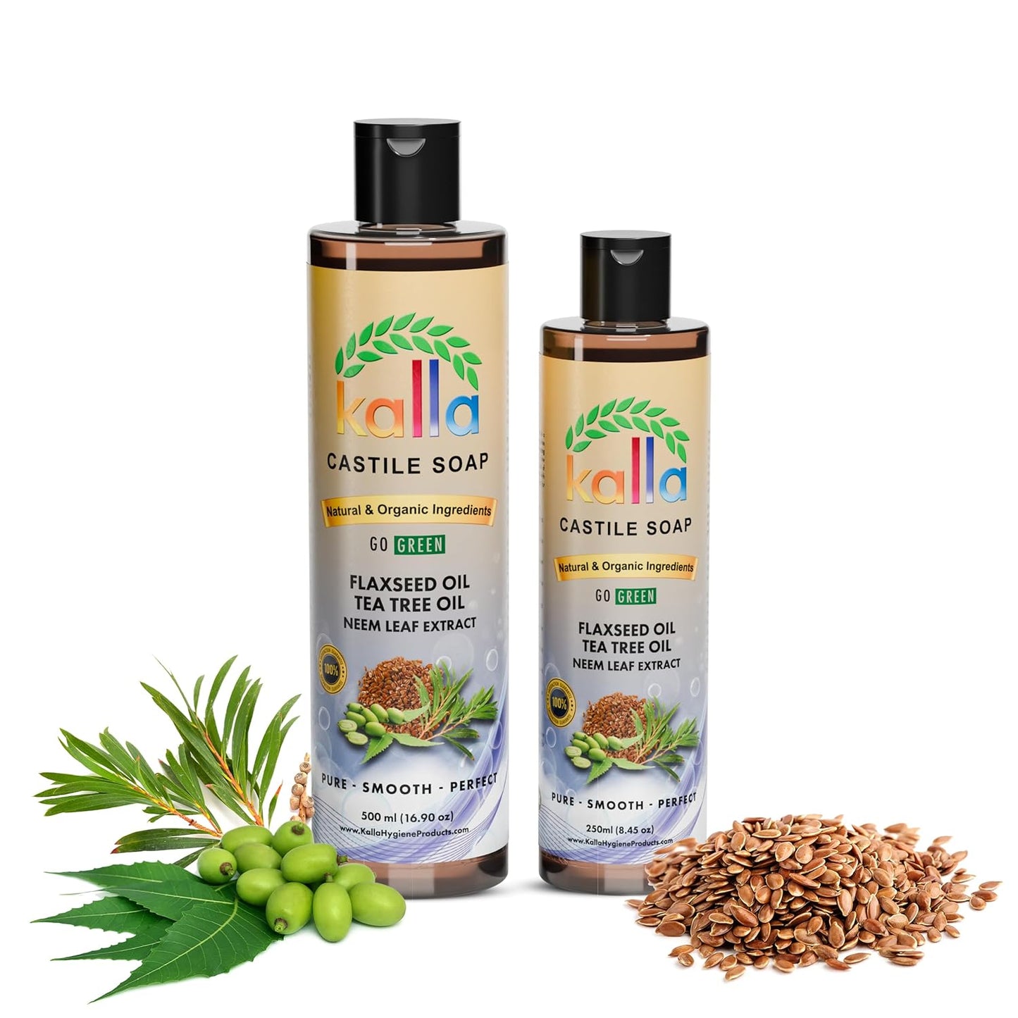 Organic Flaxseed Castile Soap with Neem Leaf Extract - 250ml, Tea Tree Essential Oil, Gluten-Free Hand Soap