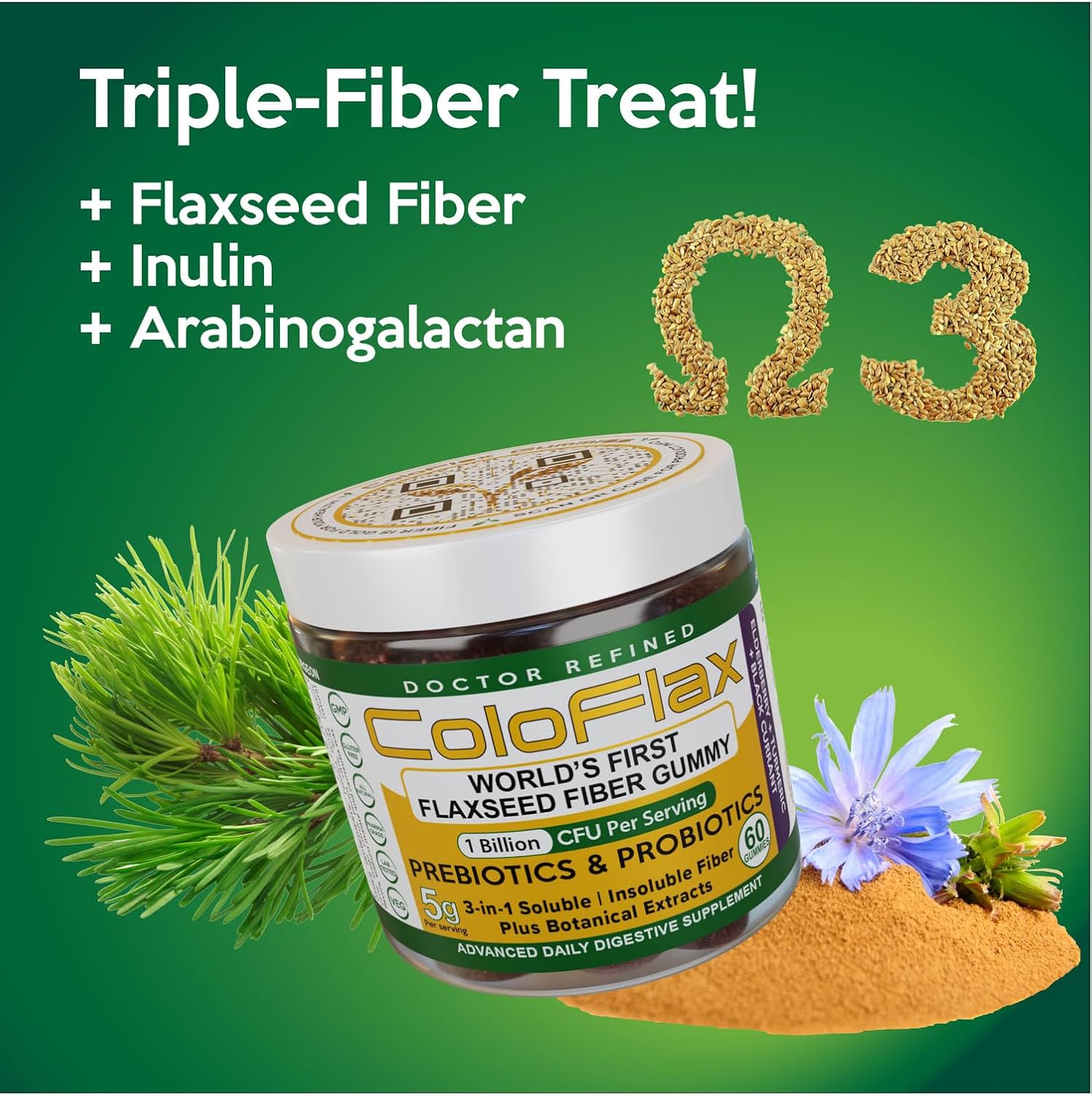 Organic Flaxseed Fiber + Probiotic Gummies for Adults - Constipation Relief with Triple-Fiber Vegan Formula - 30 Servings