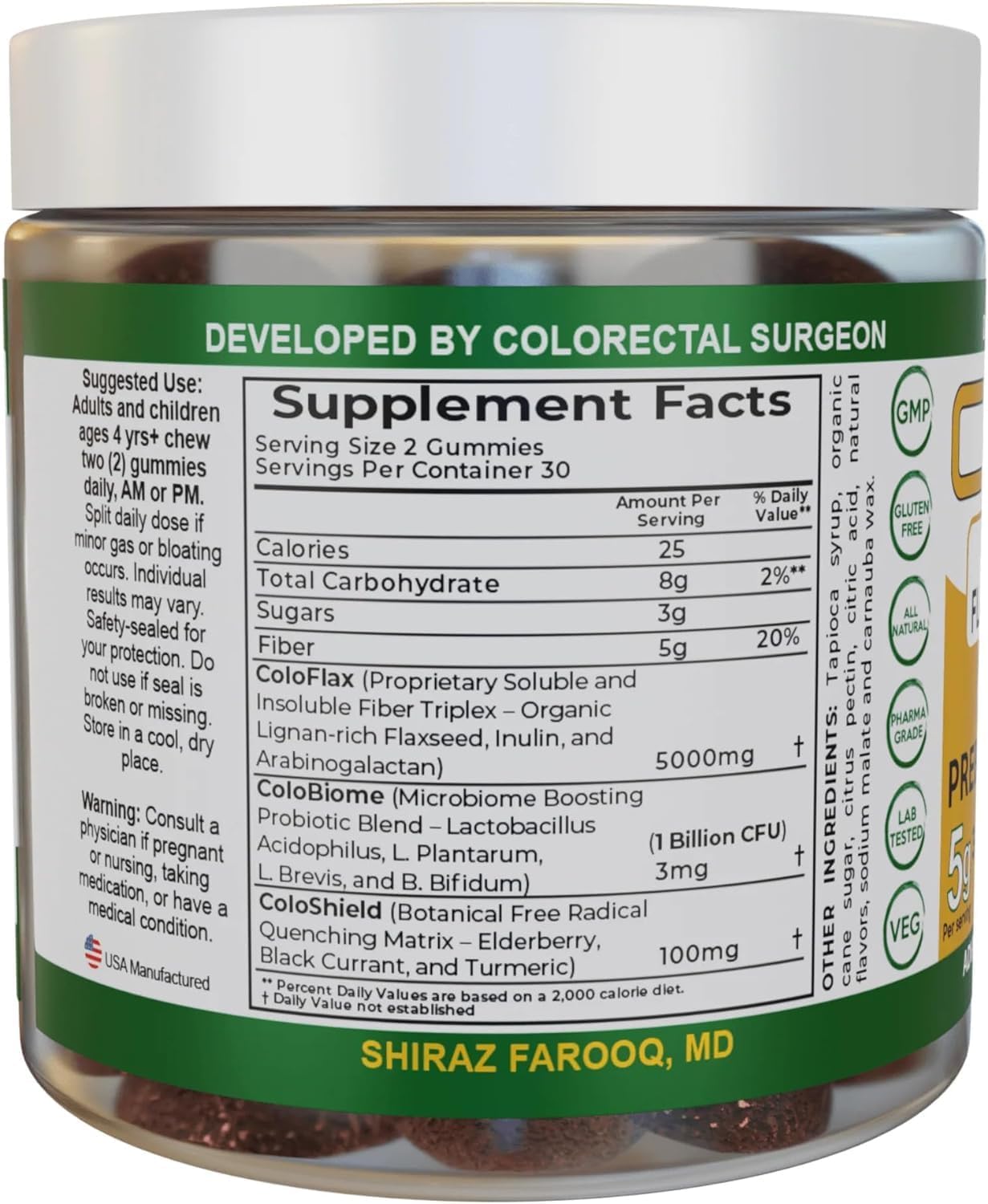 Organic Flaxseed Fiber + Probiotic Gummies for Adults - Constipation Relief with Triple-Fiber Vegan Formula - 30 Servings