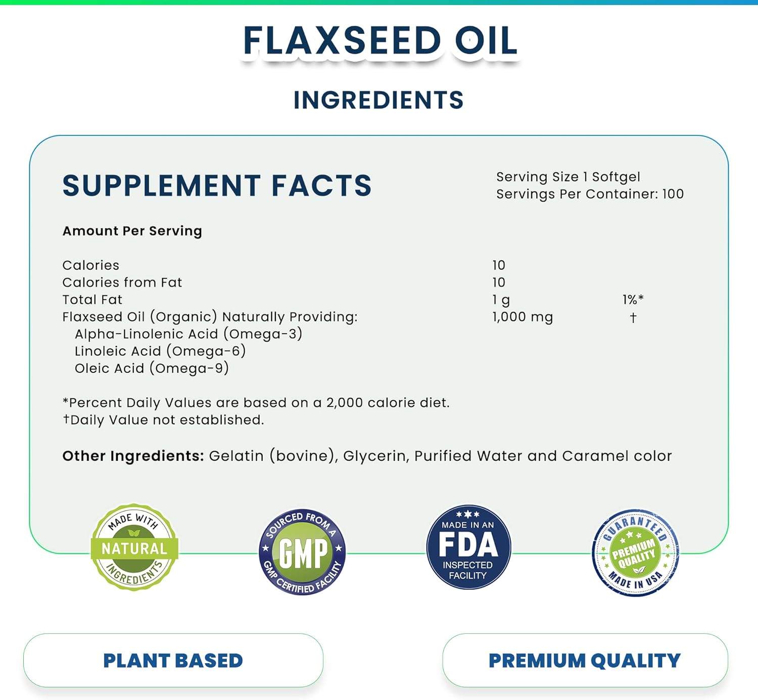 Organic Flaxseed Oil Softgels 1,000mg Omega-3 for Immune Support & Healthy Hair, Skin, Nails - 100 Softgels