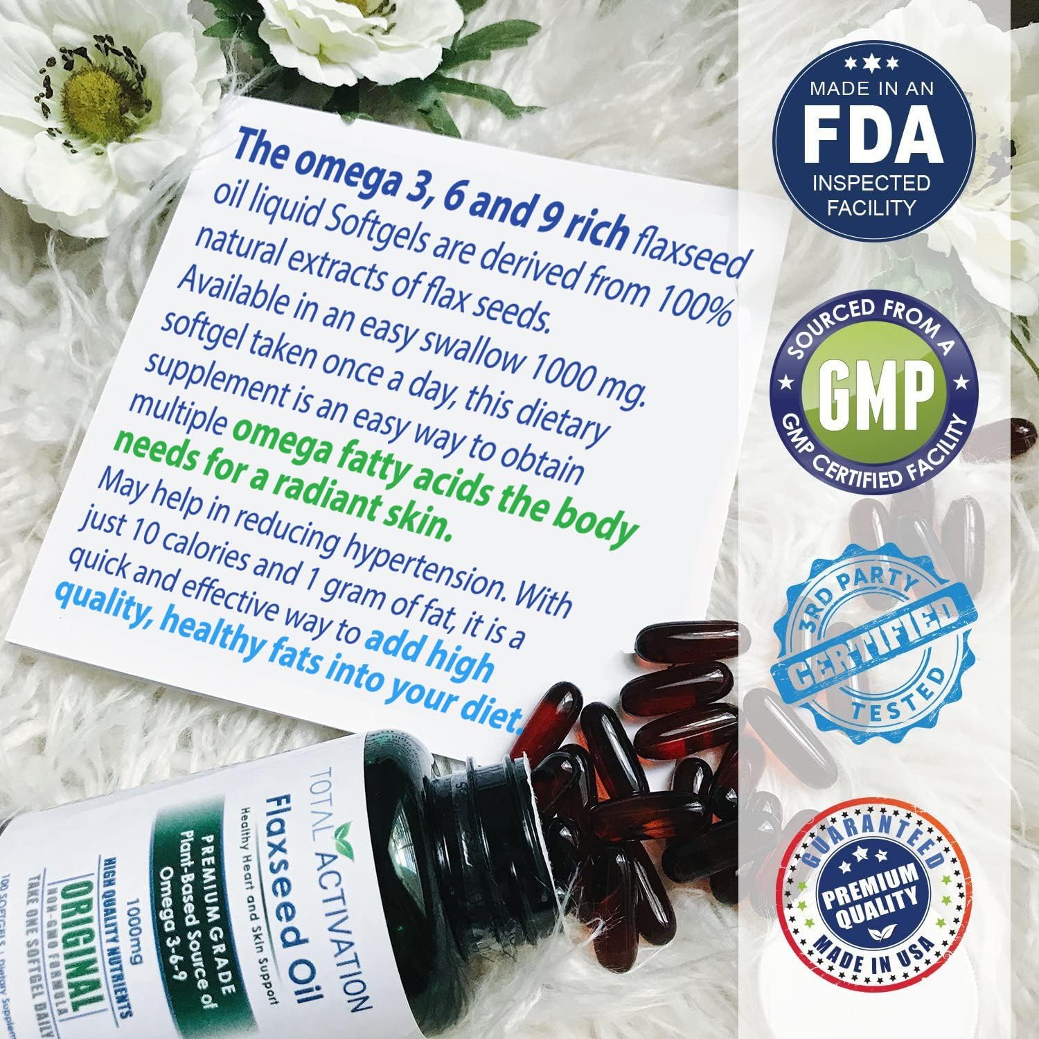 Organic Flaxseed Oil Softgels 1,000mg Omega-3 for Immune Support & Healthy Hair, Skin, Nails - 100 Softgels