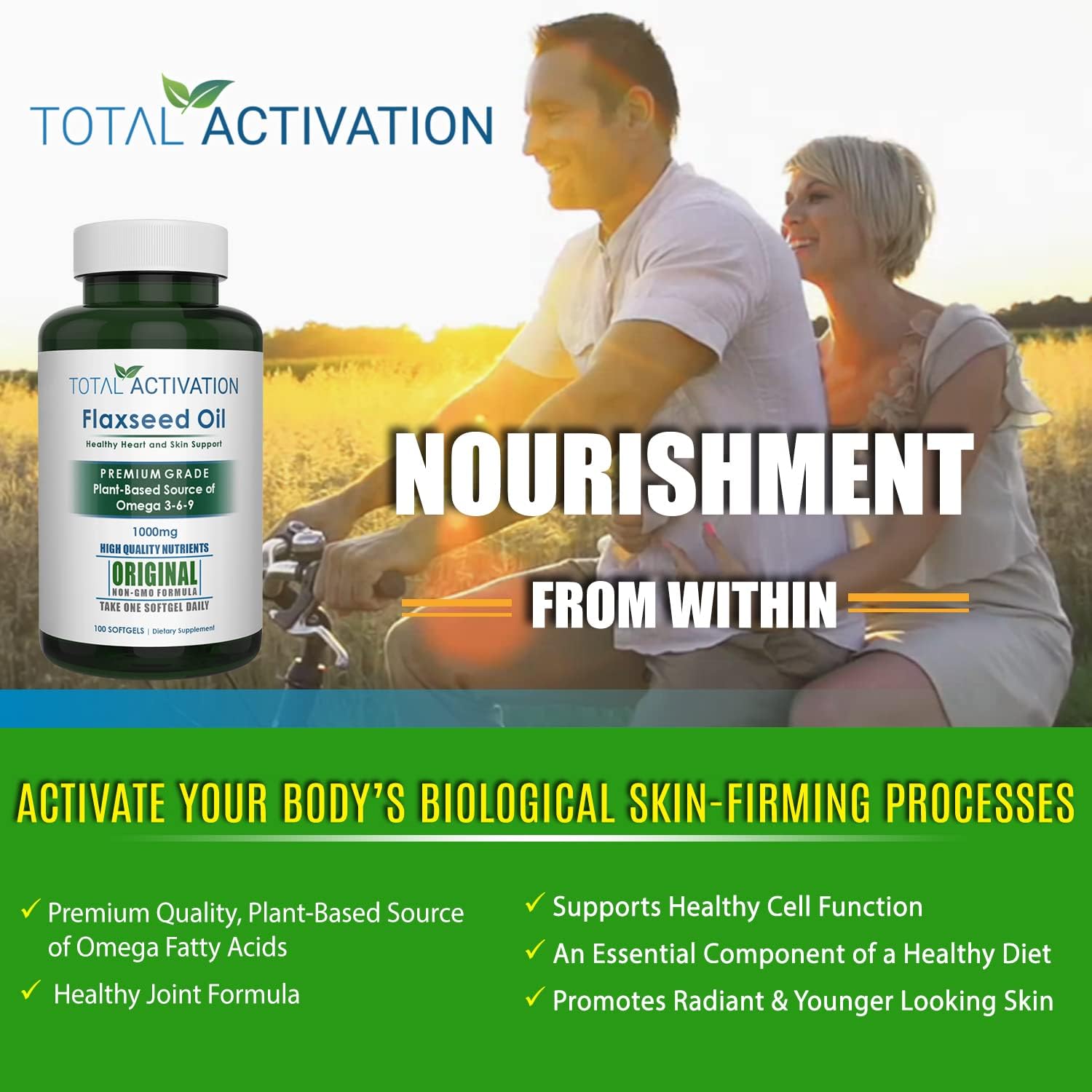 Organic Flaxseed Oil Softgels 1,000mg Omega-3 for Immune Support & Healthy Hair, Skin, Nails - 100 Softgels