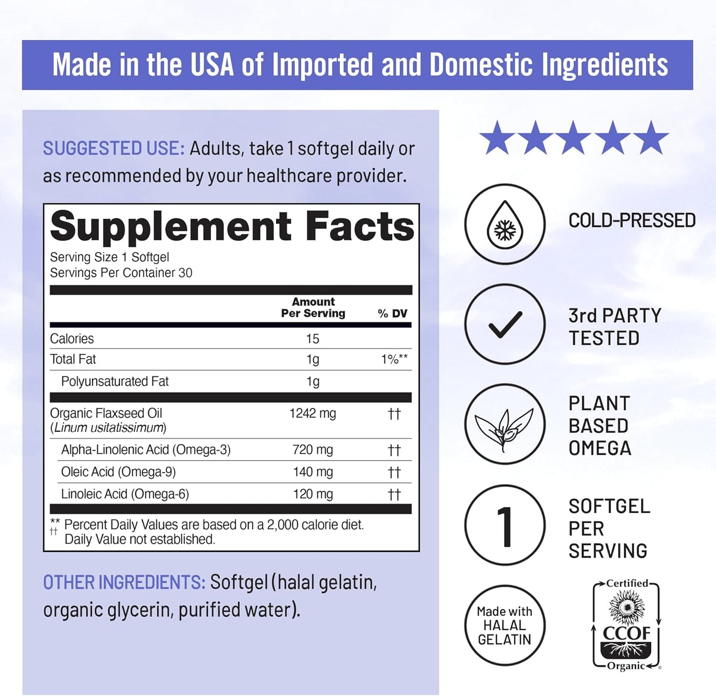 Organic Flaxseed Oil Softgels for Heart Health Support - Fish Free Omega 3 6 9 with ALA - Non-GMO, Cold Pressed - 30ct