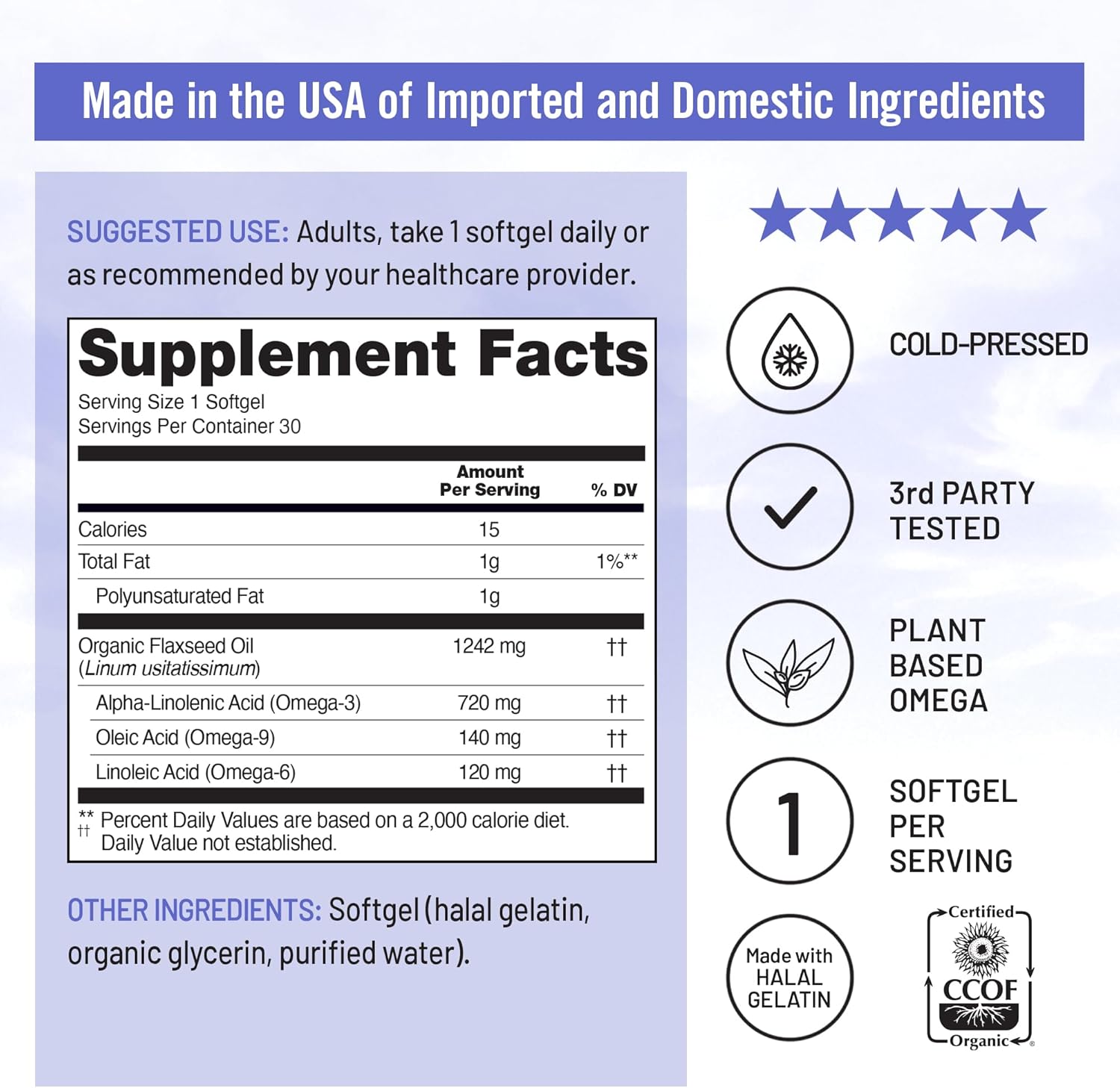 Organic Flaxseed Oil Softgels for Heart Health Support - Fish Free Omega 3 6 9 with ALA - Non-GMO, Cold Pressed - 30ct
