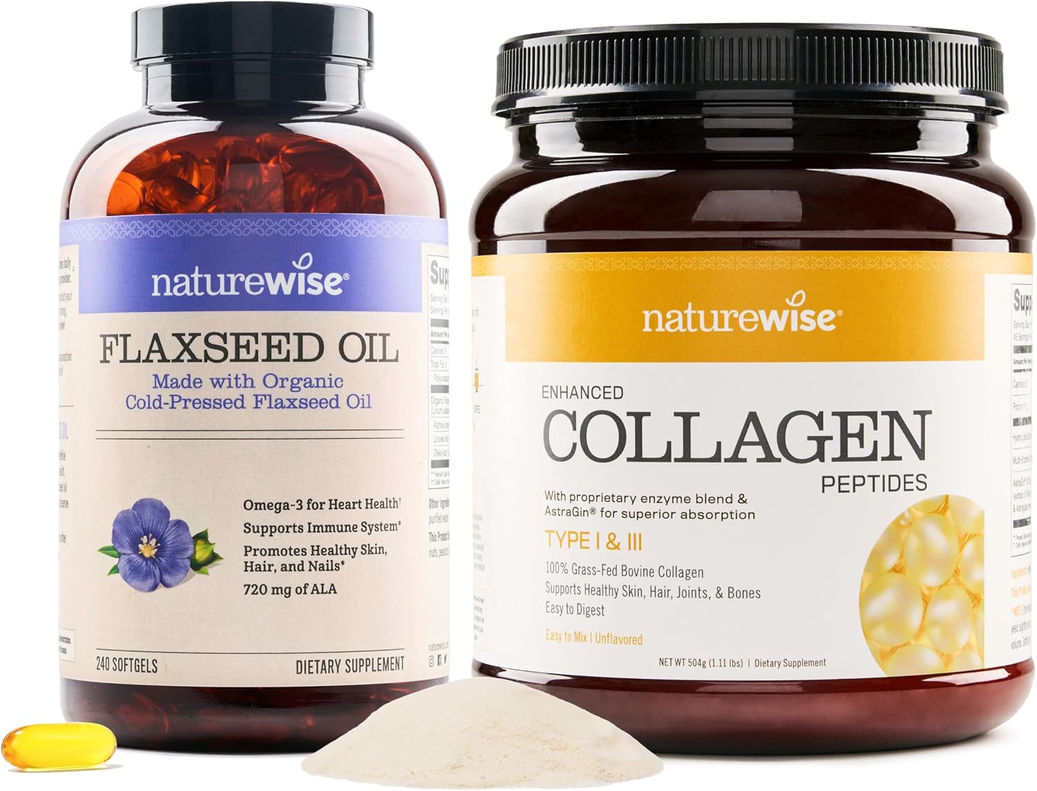 Organic Flaxseed Oil with Enhanced Collagen Peptides - 720mg ALA (45 Servings) by NatureWise