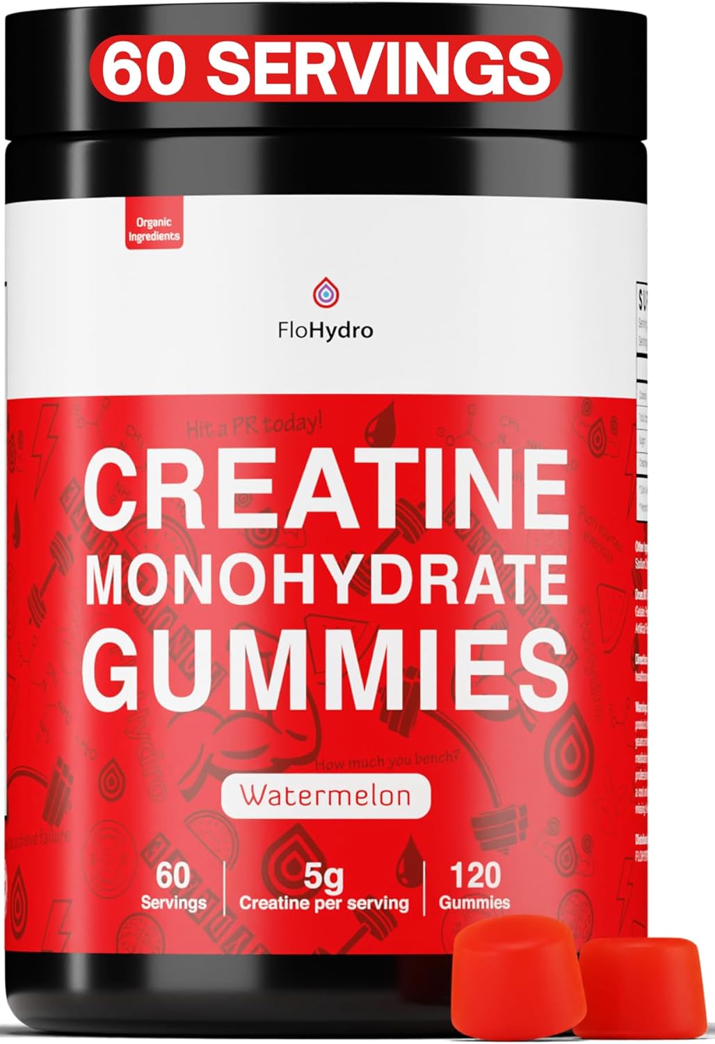 Organic FloHydro Creatine Monohydrate Gummies - 60 Servings, 5g per Serving, Zero Sugar - 120 Gummies