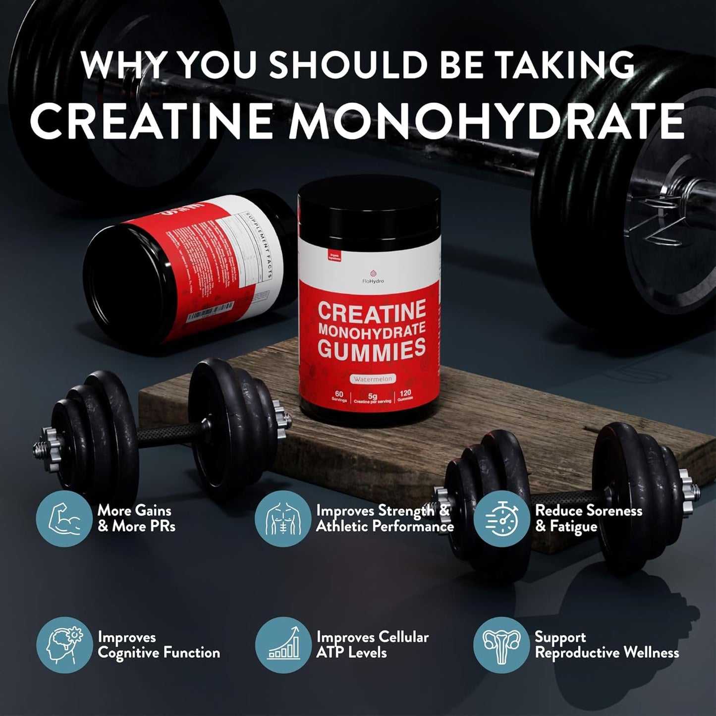 Organic FloHydro Creatine Monohydrate Gummies - 60 Servings, 5g per Serving, Zero Sugar - 120 Gummies