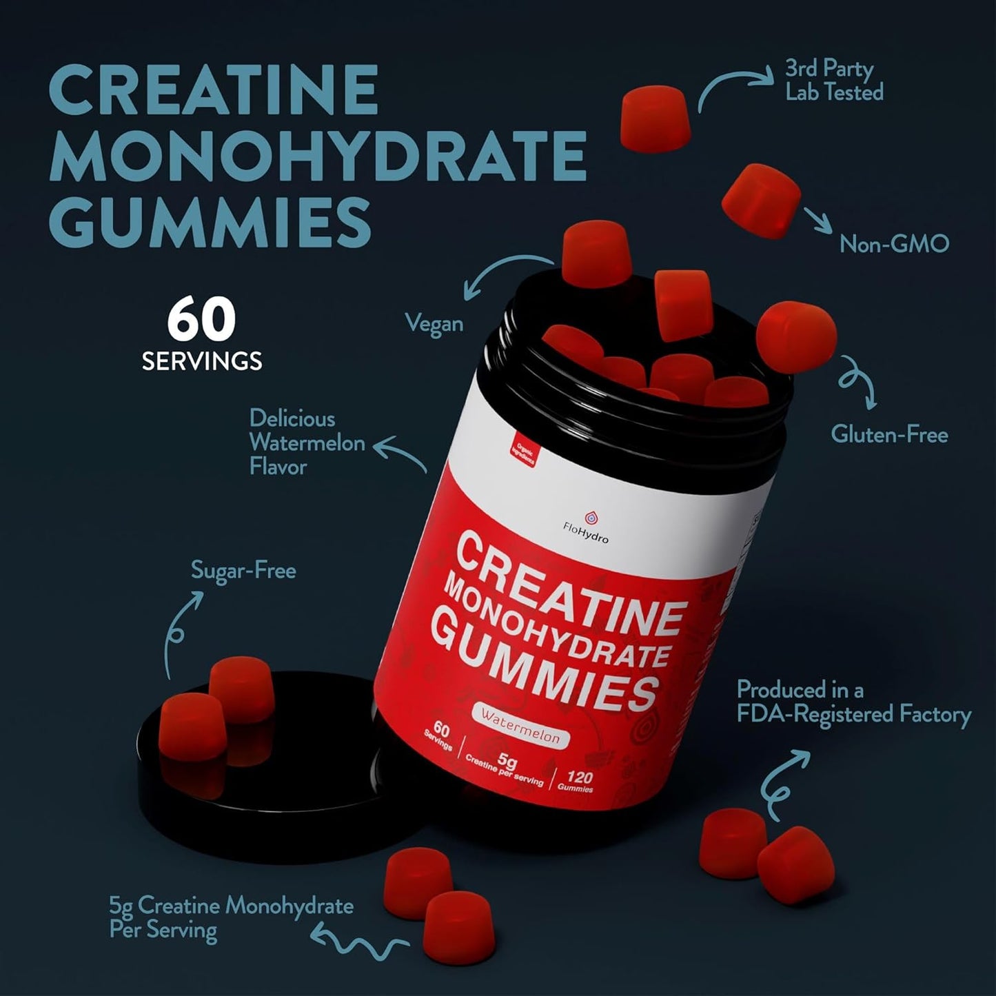 Organic FloHydro Creatine Monohydrate Gummies - 60 Servings, 5g per Serving, Zero Sugar - 120 Gummies