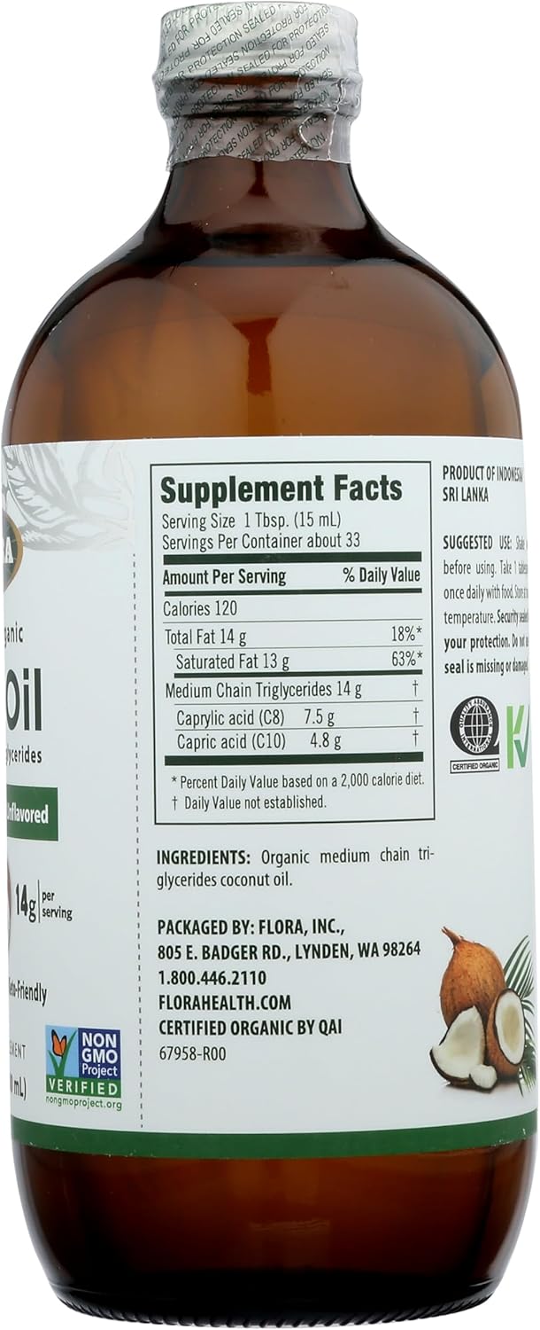 Organic Flora Health MCT Oil with C8 & C10 Acids, Keto Friendly, Non-GMO, Ethically Sourced Coconut Oil - 17 Fl Oz