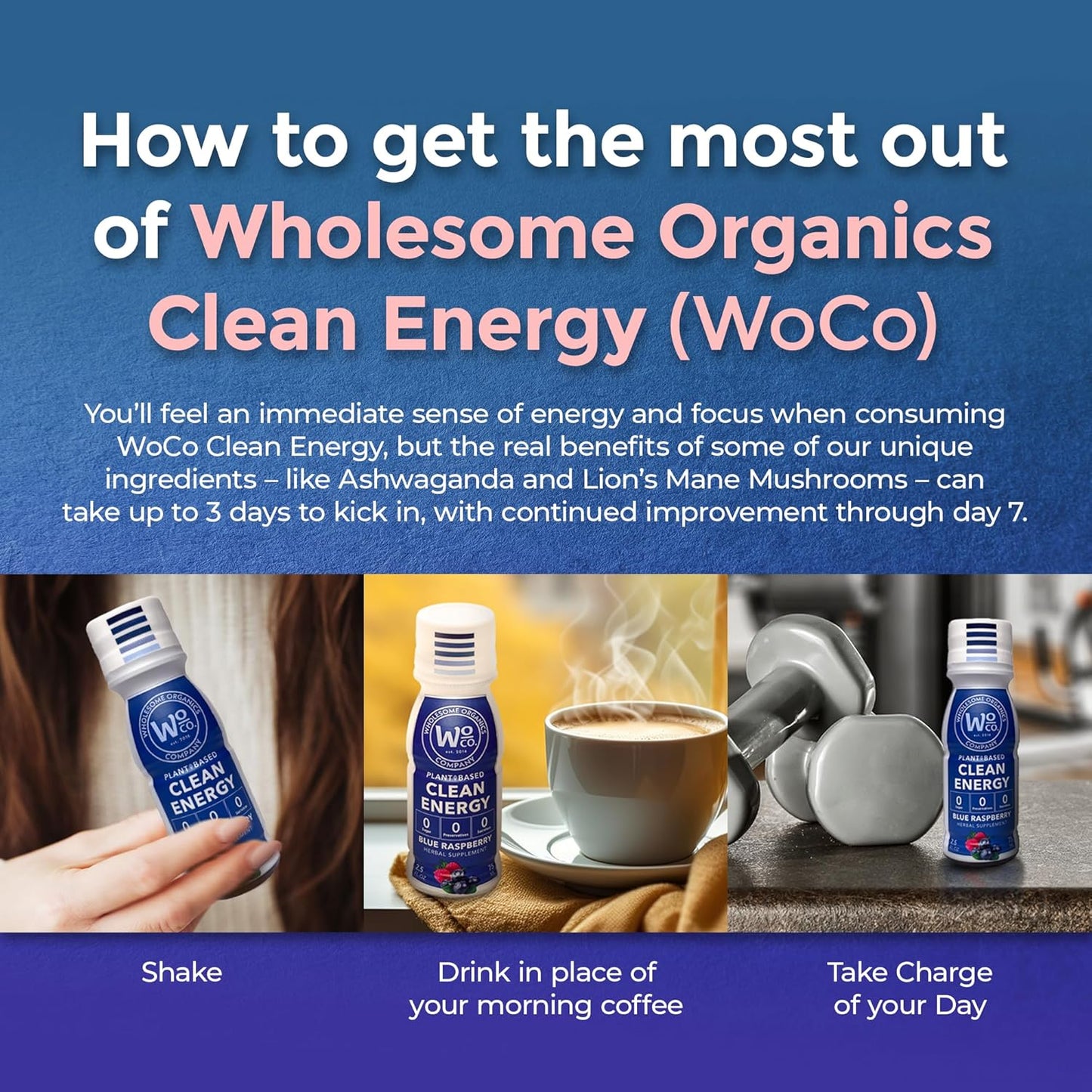 Organic Focus Energy Shot with Ashwagandha & Vitamin B12 - Stress Relief, No Crash, Blue Raspberry Flavor - 3 Pack
