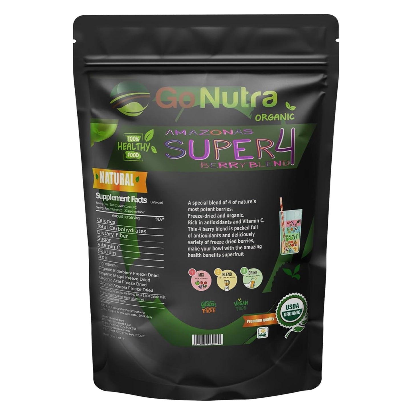 Organic Freeze Dried Acai Berry Blend with 4 Immune Boosting Berries - Superfood Smoothie Mix | Antioxidant Freeze Dried Berries - 15 Servings 8oz