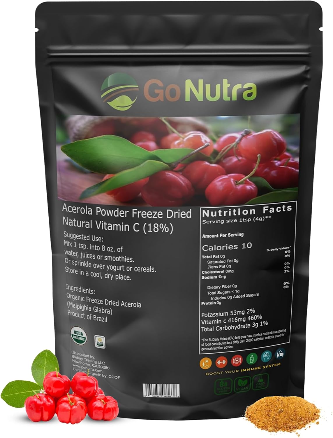 Organic Freeze Dried Acerola Powder from Brazil - High Vitamin C Content - 8oz