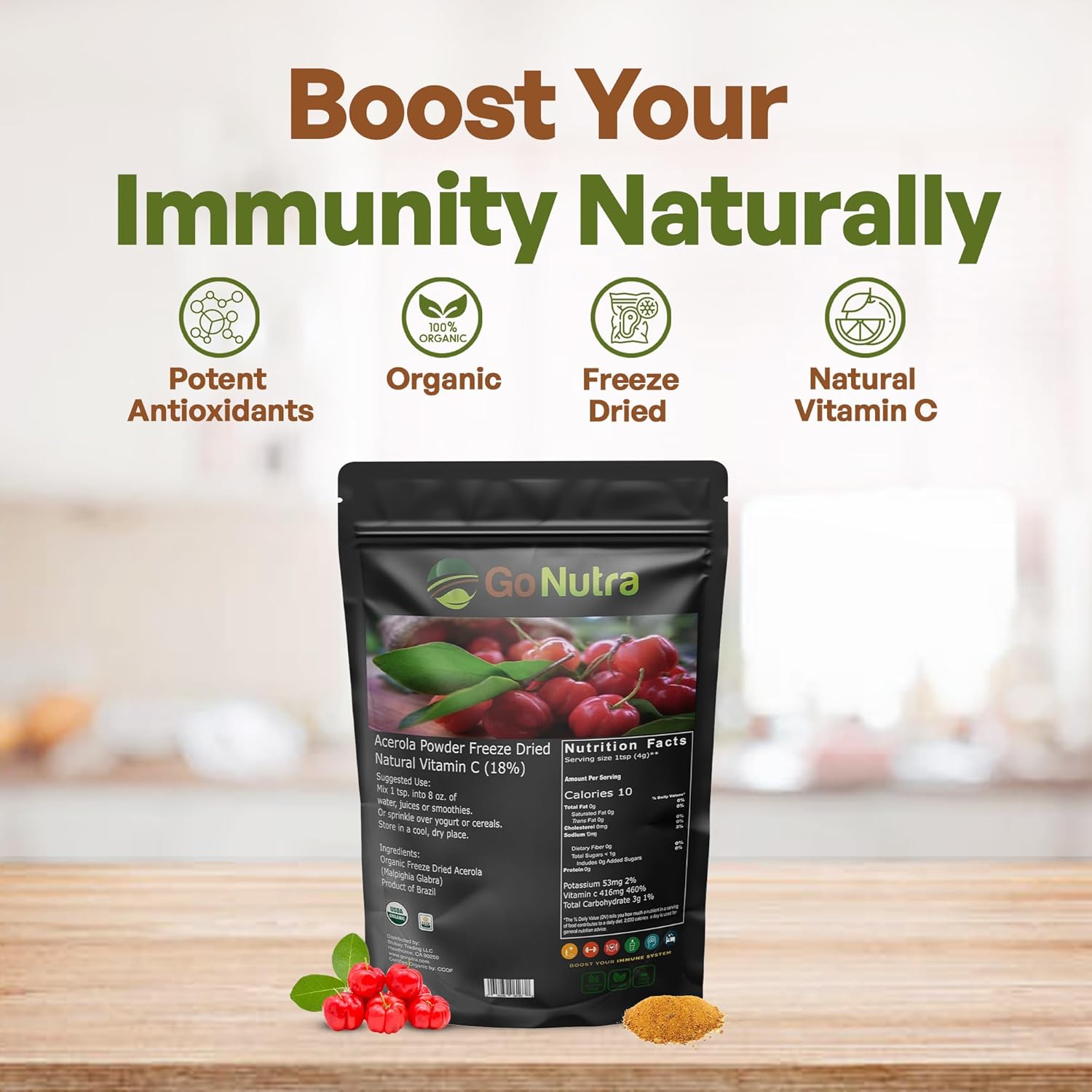 Organic Freeze Dried Acerola Powder from Brazil - High Vitamin C Content - 8oz