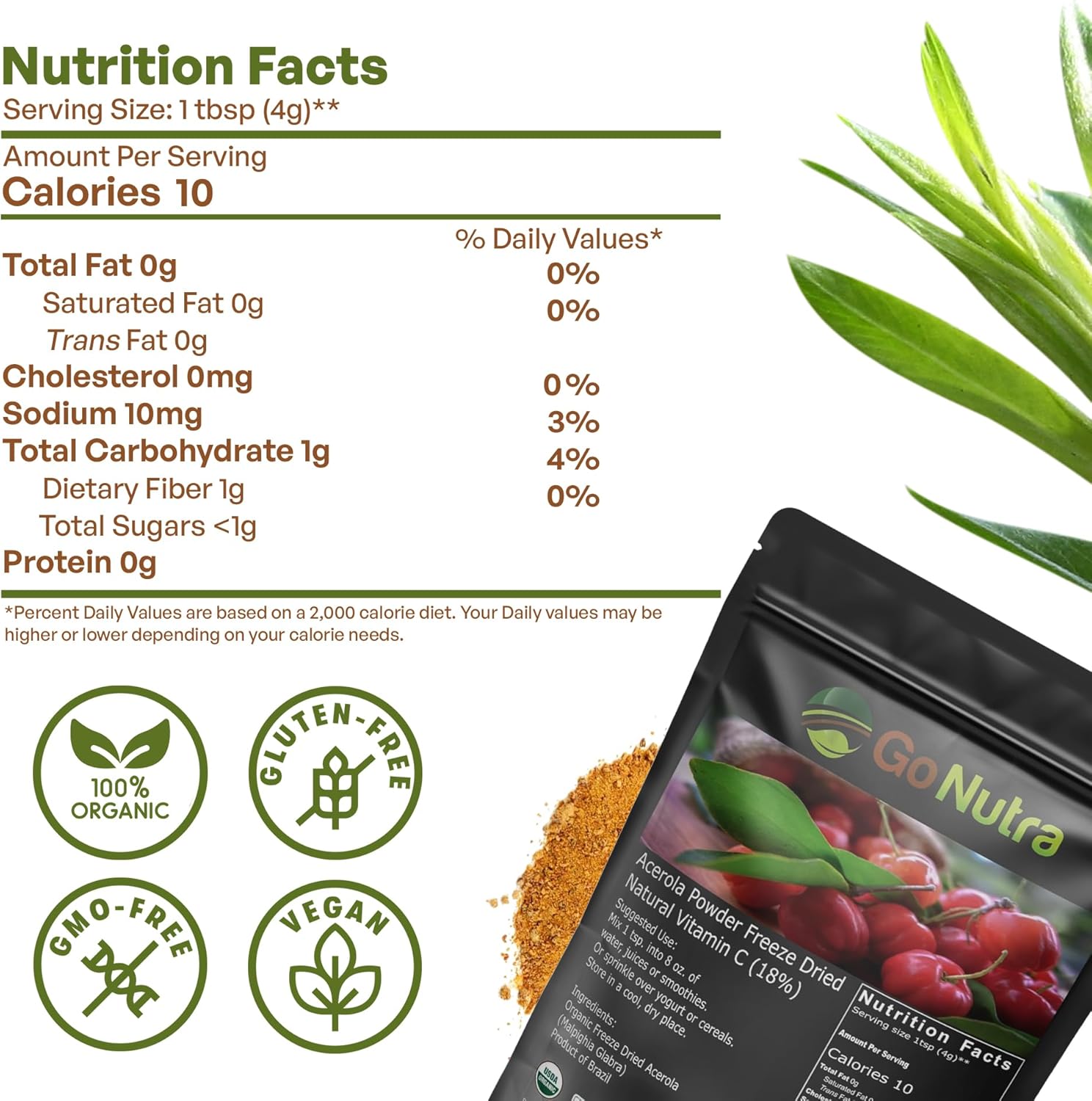 Organic Freeze Dried Acerola Powder from Brazil - High Vitamin C Content - 8oz