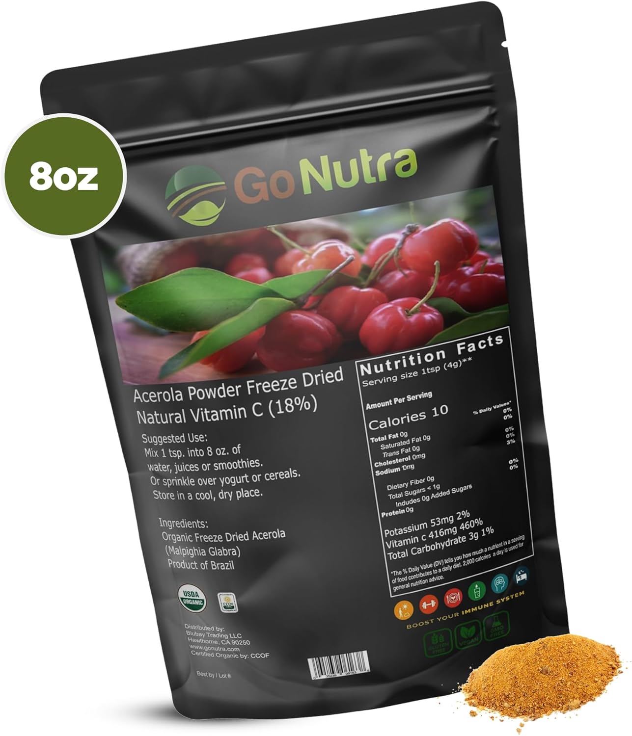 Organic Freeze Dried Acerola Powder from Brazil - High Vitamin C Content - 8oz