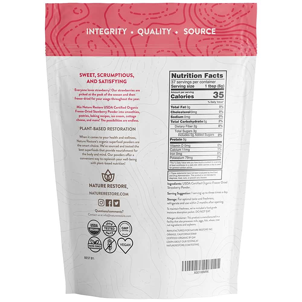 Organic Freeze Dried Strawberry Powder - 8 oz, Non-GMO, Gluten-Free, Vegan - Nature Restore Certified USDA Organic