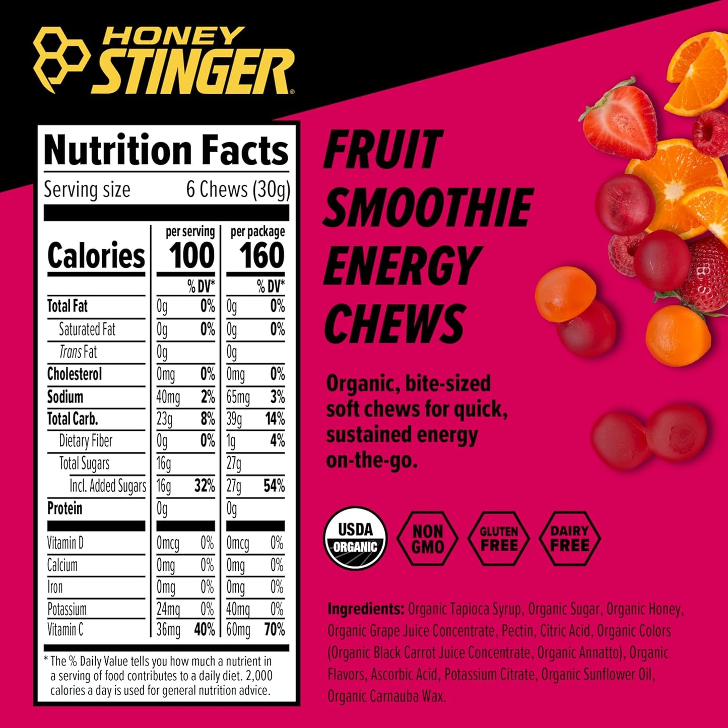 Organic Fruit Smoothie Energy Chews for Exercise & Running | Gluten & Caffeine Free | Sports Nutrition for Home & Gym | 12 Pack, 21.6 oz