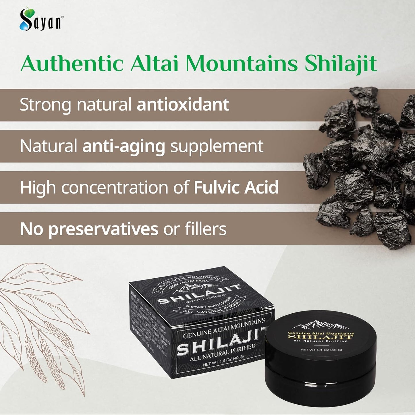 Organic Fulvic Acid Supplement for Immune Support, Memory, Focus, Energy - Sayan Pure Shilajit Resin 1.4oz/40g, 265 Servings - Vegan, Non-GMO - Detox Properties
