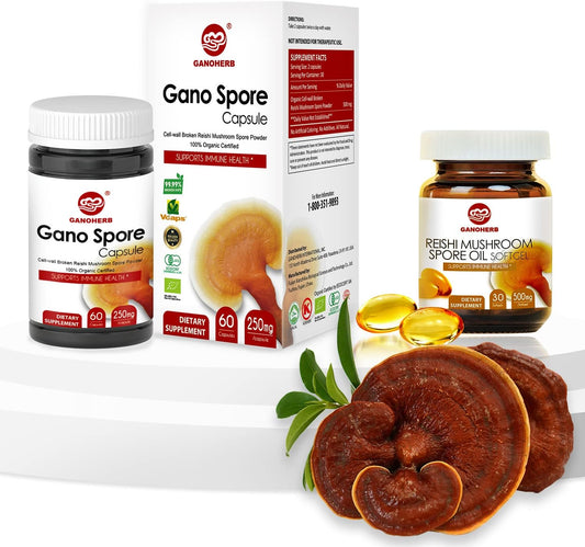 Organic GANOHERB Reishi Mushroom Capsules and Spore Oil for Immune Support