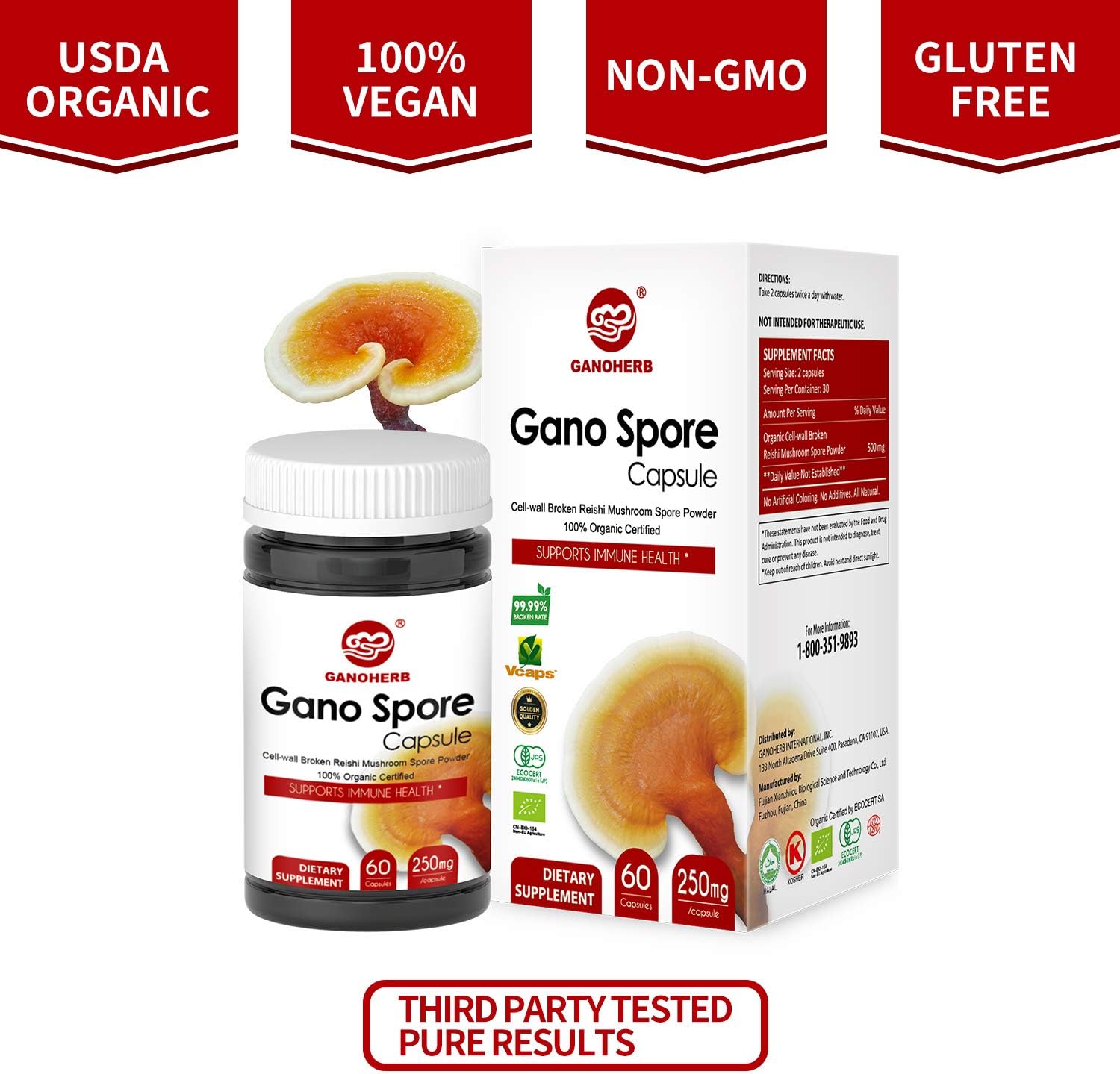 Organic GANOHERB Reishi Mushroom Capsules and Spore Oil for Immune Support