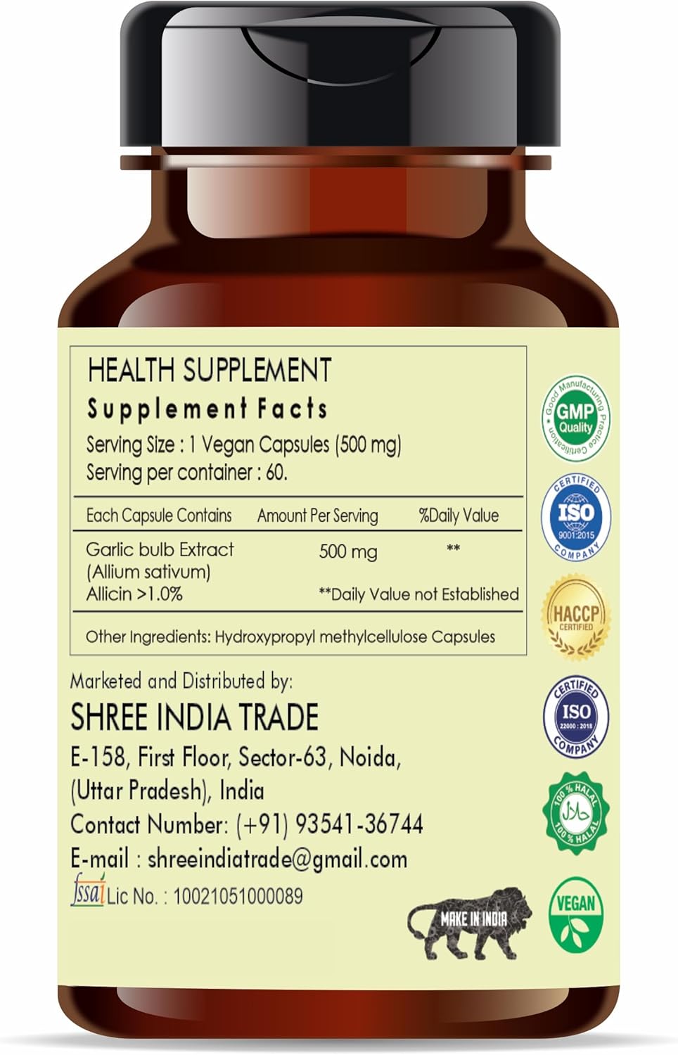 Organic Garlic Extract Capsules - 500mg, 60 Veg Caps, Allium Sativum, Vegan, Gluten-Free, GMP Certified