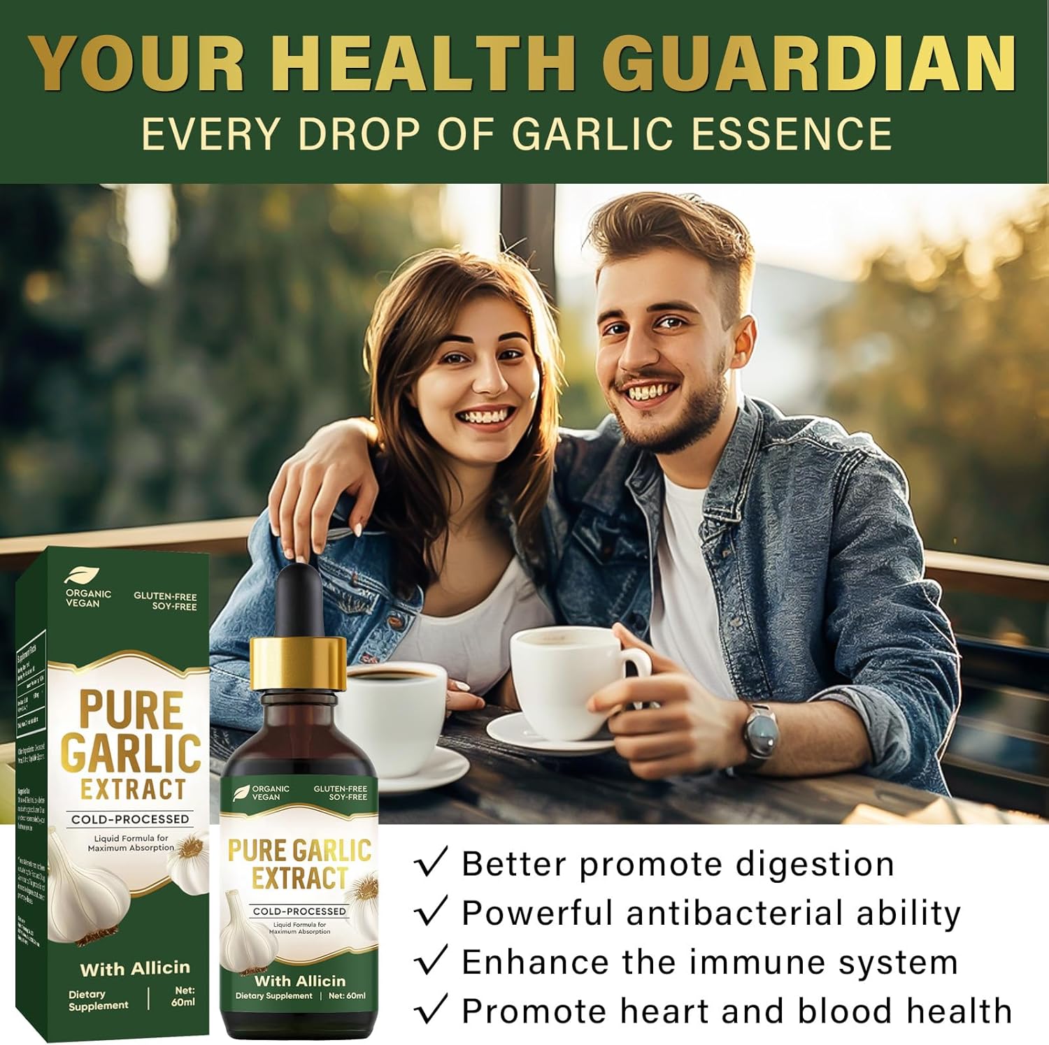 Organic Garlic Oil Supplement with Allicin for Immune Support - Vegan Friendly - 2 fl oz