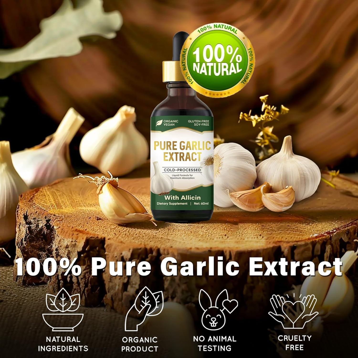 Organic Garlic Oil Supplement with Allicin for Immune Support - Vegan Friendly - 2 fl oz