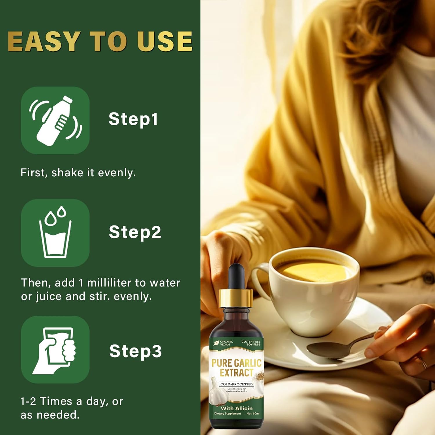 Organic Garlic Oil Supplement with Allicin for Immune Support - Vegan Friendly - 2 fl oz