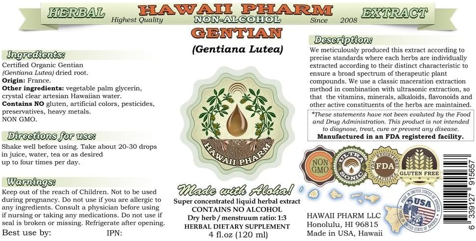 Organic Gentian Alcohol-Free Liquid Extract - 2 oz Glycerite Supplement from Hawaii Pharm