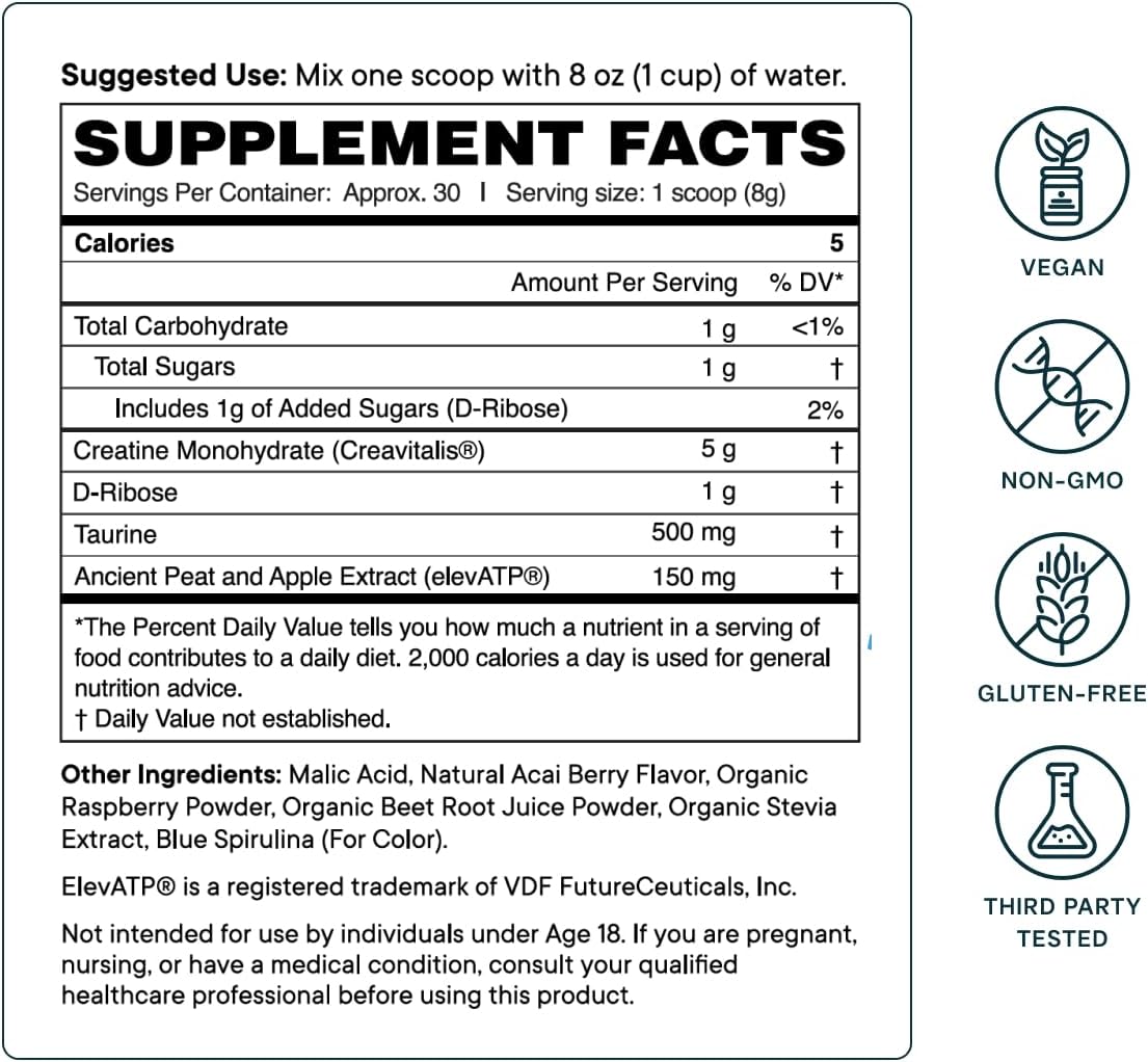 Organic German-Sourced Creatine Monohydrate Powder with Creavitalis for Strength, Energy Support, and Recovery - Acai Berry Flavor, 30 Servings