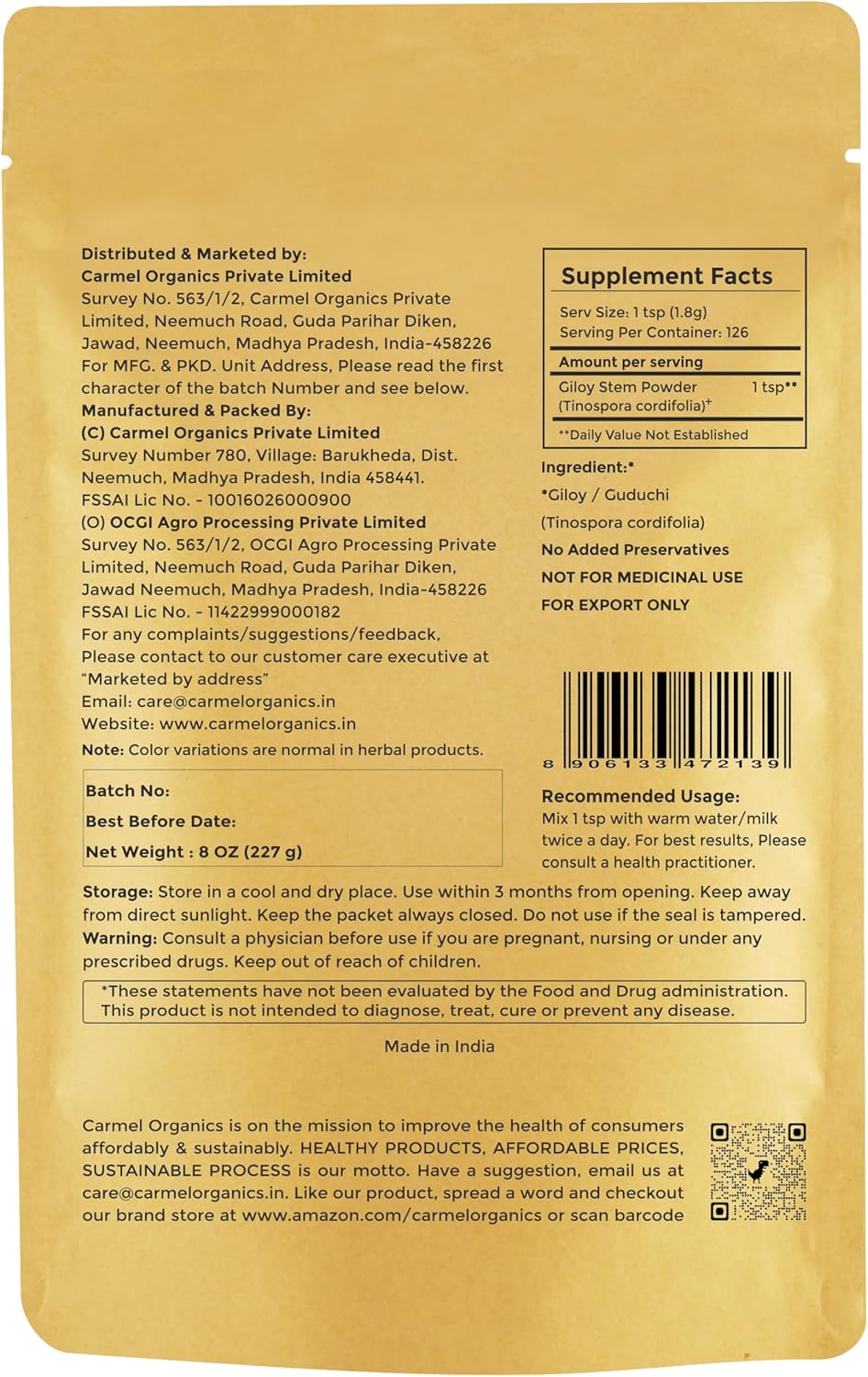 Organic Giloy Stem Powder - 8 Ounce Pack for Immunity Support | Tinospora Cordifolia Herbal Supplement | Non-GMO, Preservative-Free
