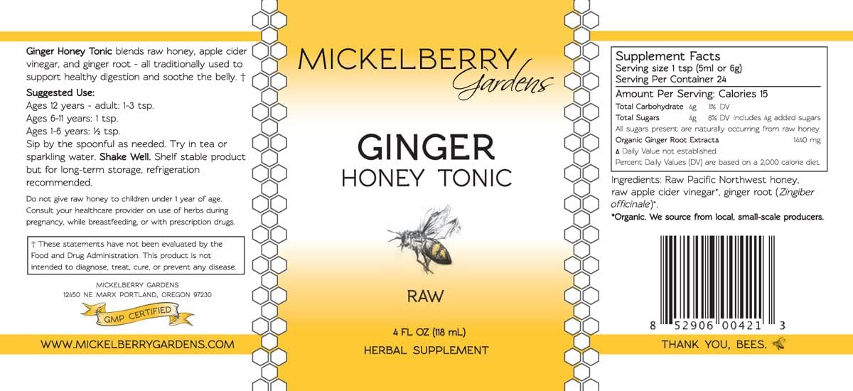 Organic Ginger Honey Tonic for Immune Support and Digestive Health - 4 Oz