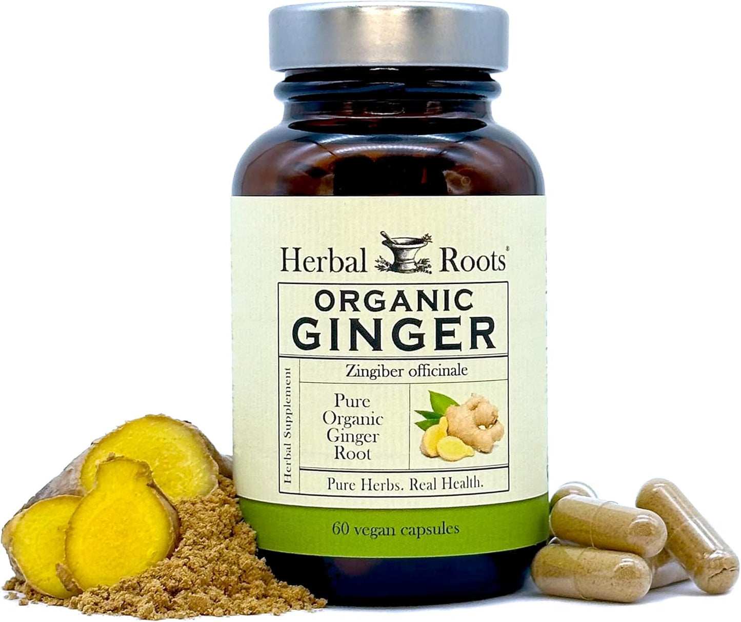 Organic Ginger Root Capsules - 1,200mg Pure Ginger Powder - 60 Vegan Capsules - Herbal Roots Supplement