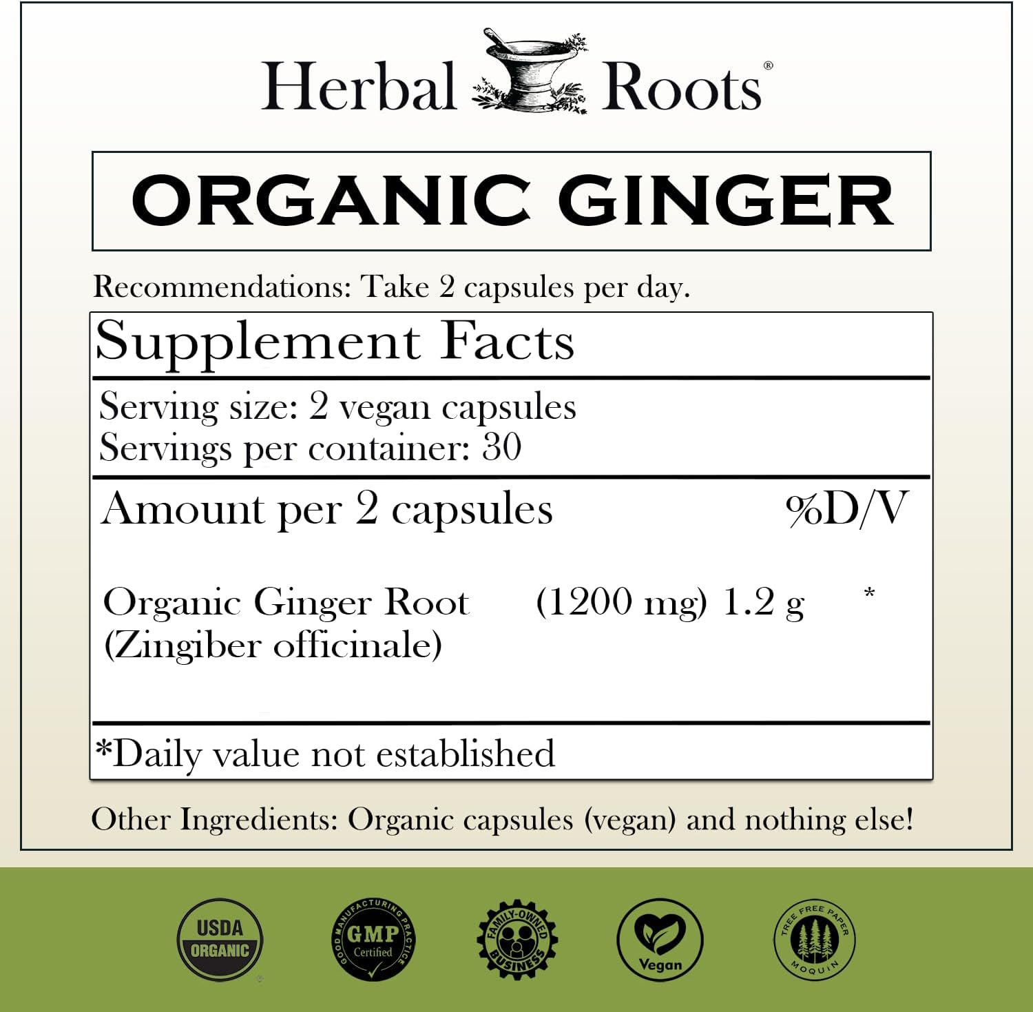 Organic Ginger Root Capsules - 1,200mg Pure Ginger Powder - 60 Vegan Capsules - Herbal Roots Supplement