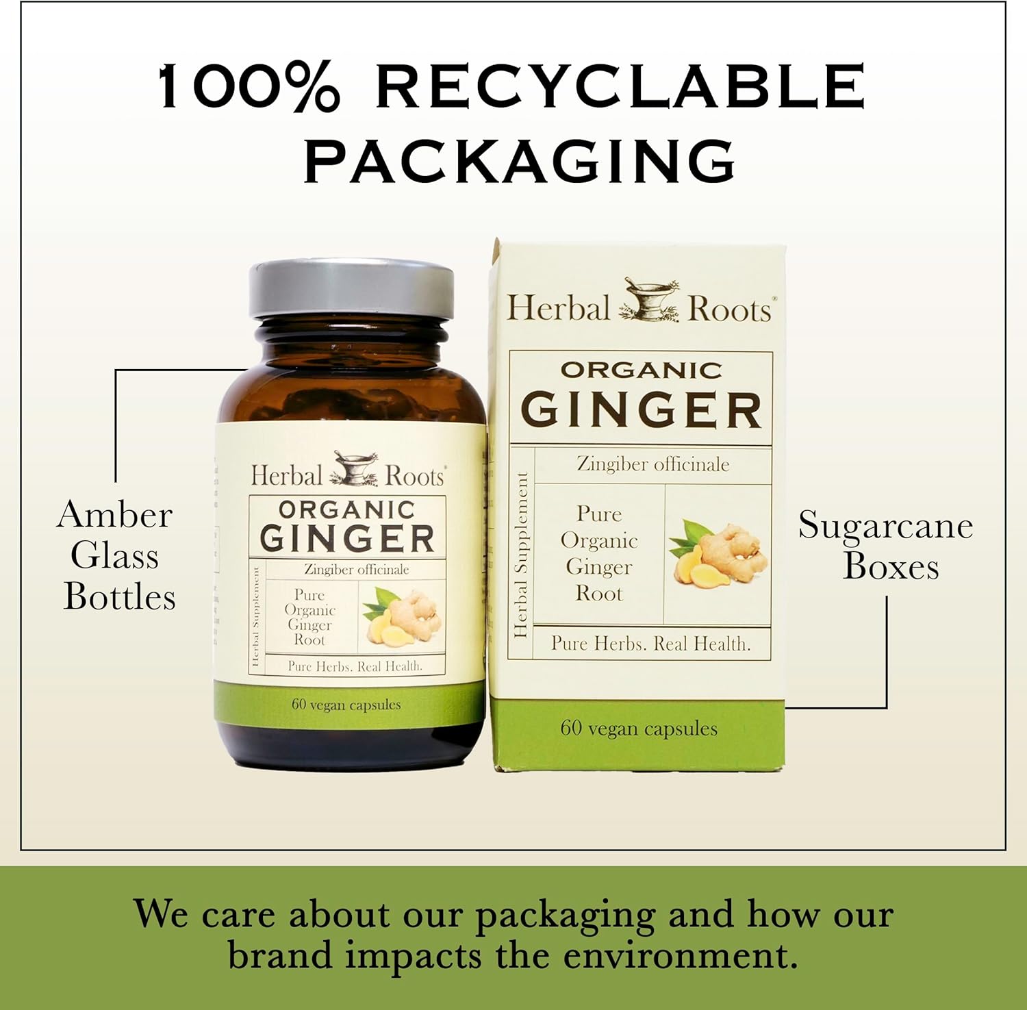 Organic Ginger Root Capsules - 1,200mg Pure Ginger Powder - 60 Vegan Capsules - Herbal Roots Supplement
