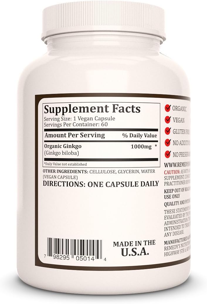 Organic Ginkgo Biloba Capsules | 1,000mg, 60 Vegan Pills | Herbal Supplement for Memory & Focus | Non-GMO, Gluten & Dairy Free